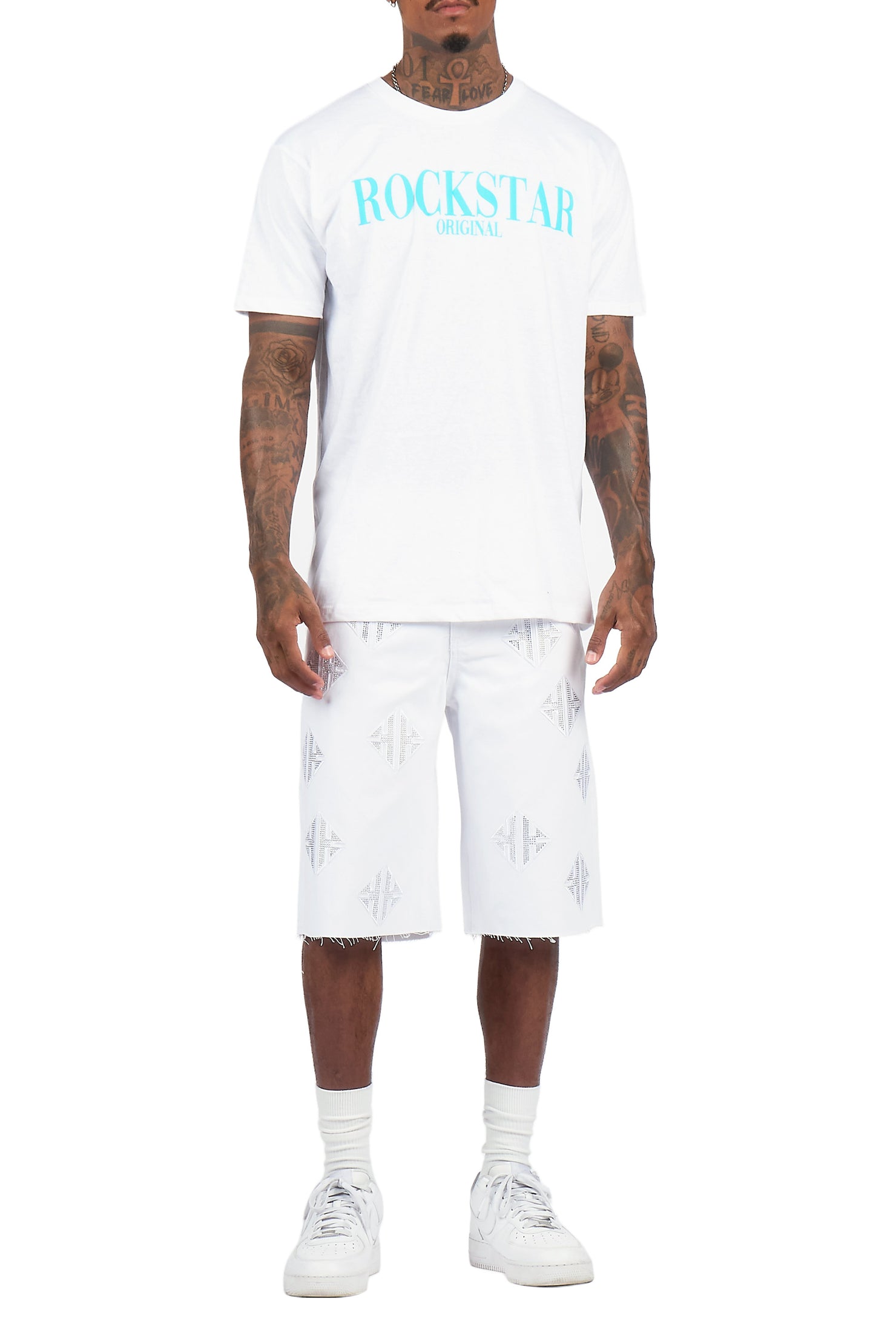 Chelot White Rhinestones Denim Short