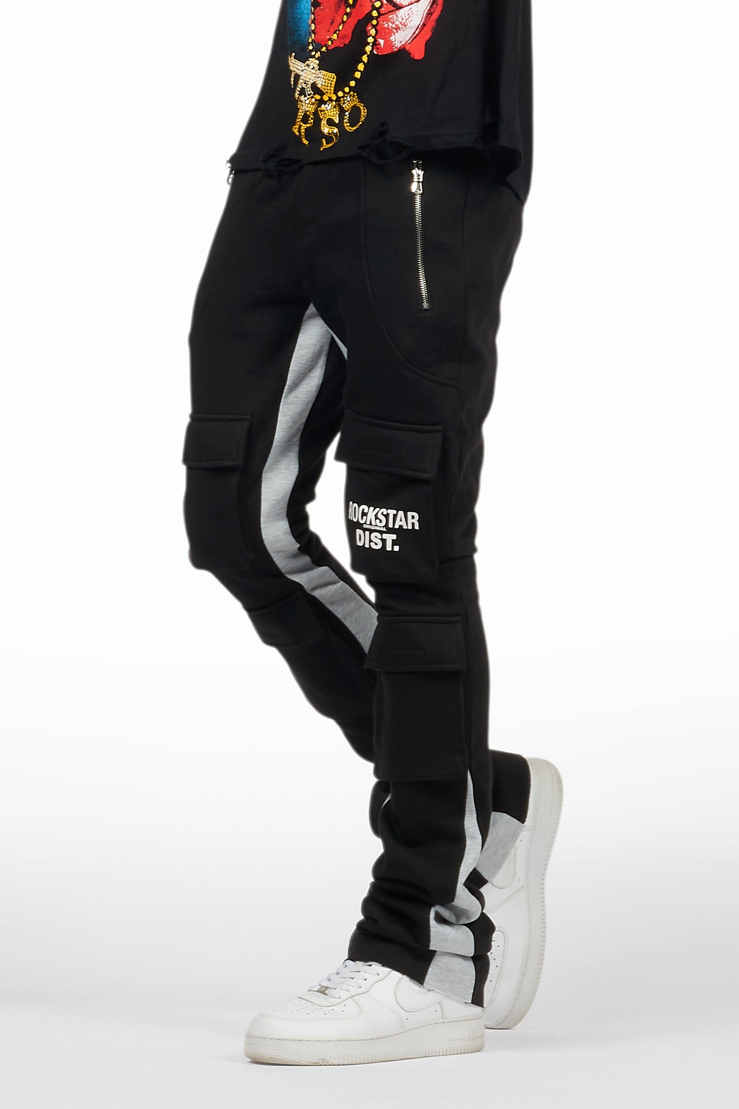 Antoon Black Stacked Flare Track Pant