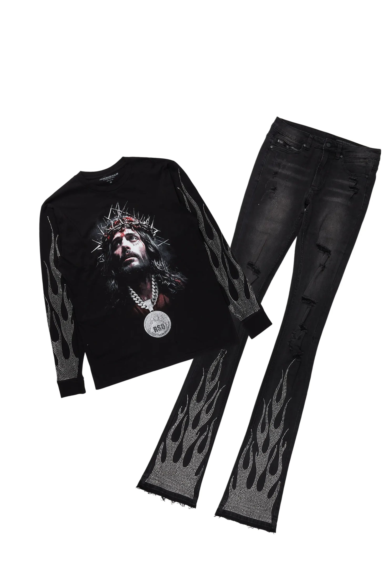Amina Black Rhinestone Long Sleeve T-Shirt/Super Stacked Flare Jean Set