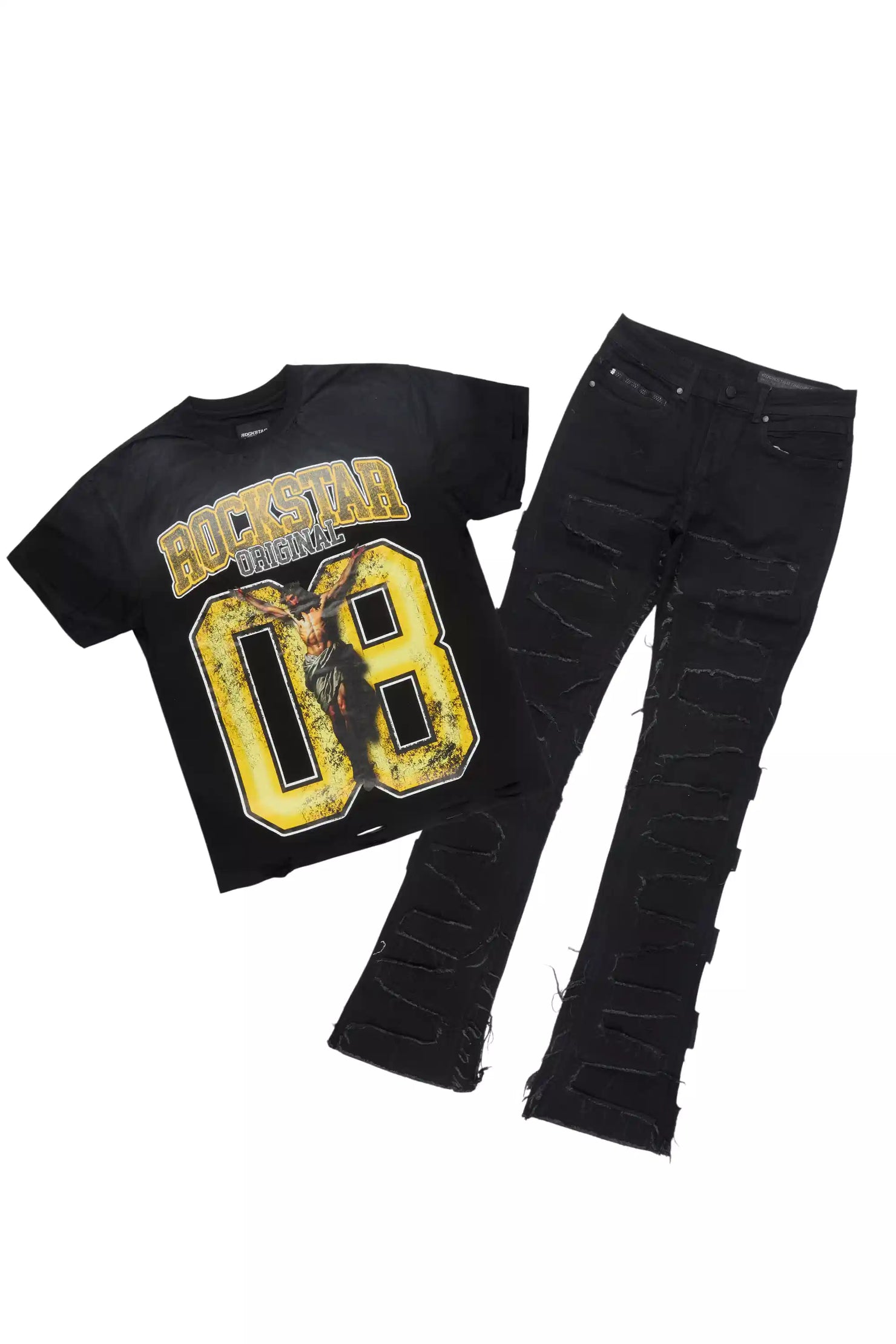 Fields Black Oversized Graphic T-Shirt/Stacked Flare Jean Bundle