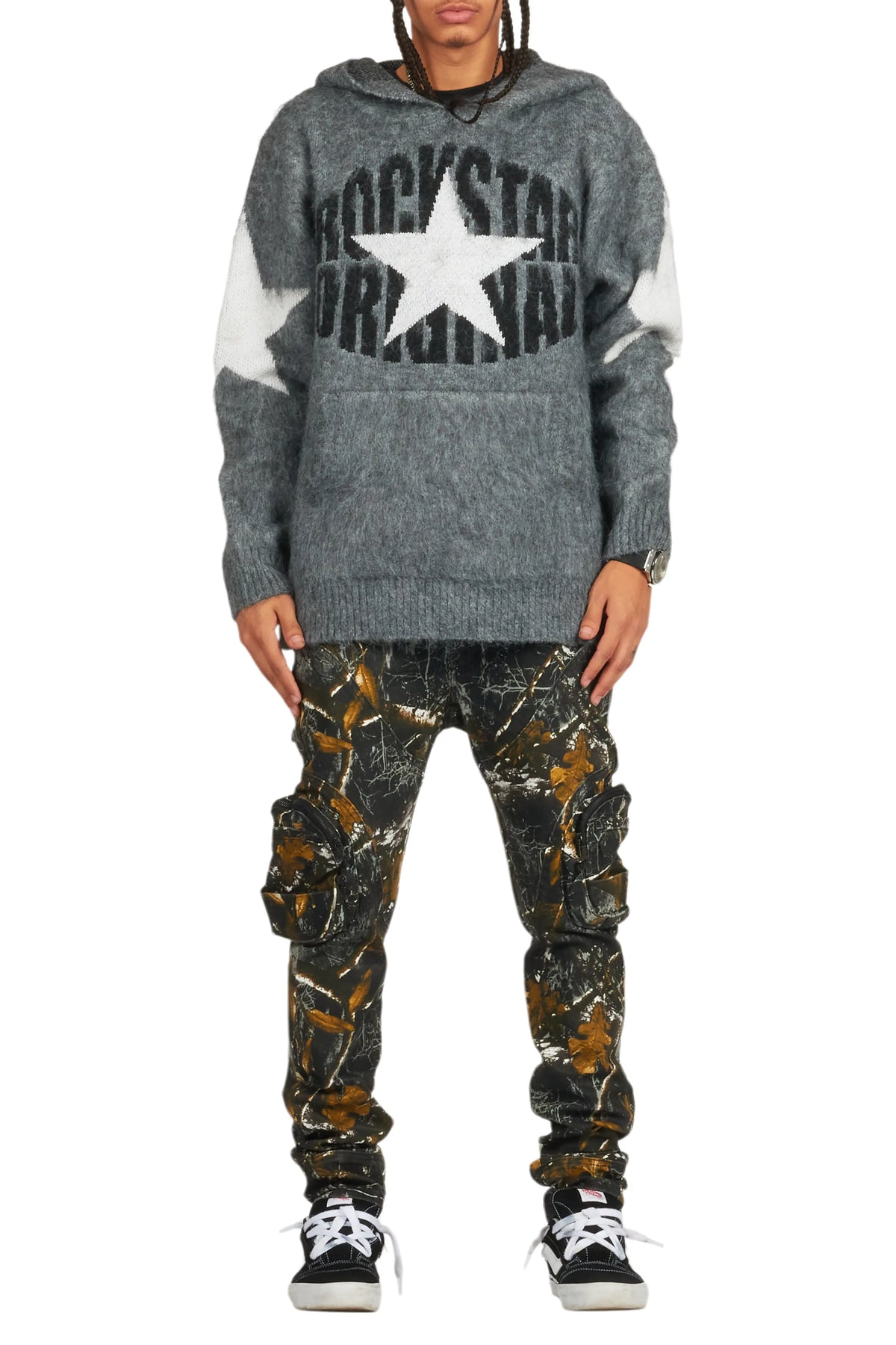 States Grey Graphic Knitted Hoodie