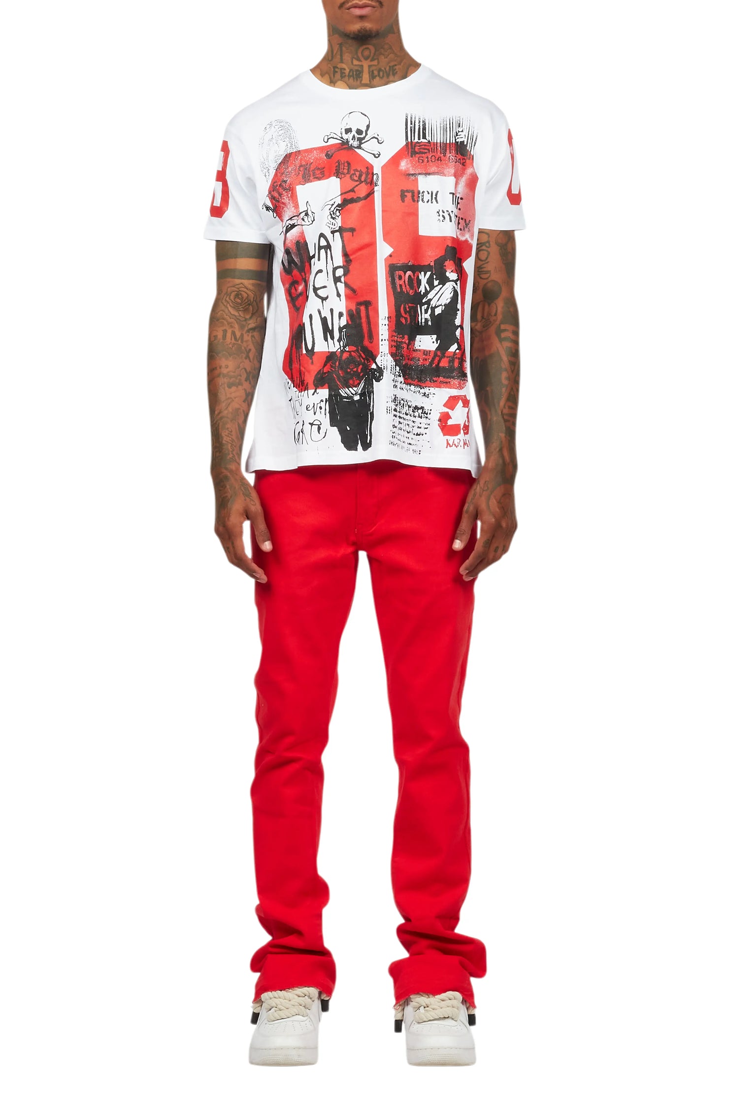 Grill White/Red Oversized Graphic T-Shirt/Dag Stacked Flare Jean Set