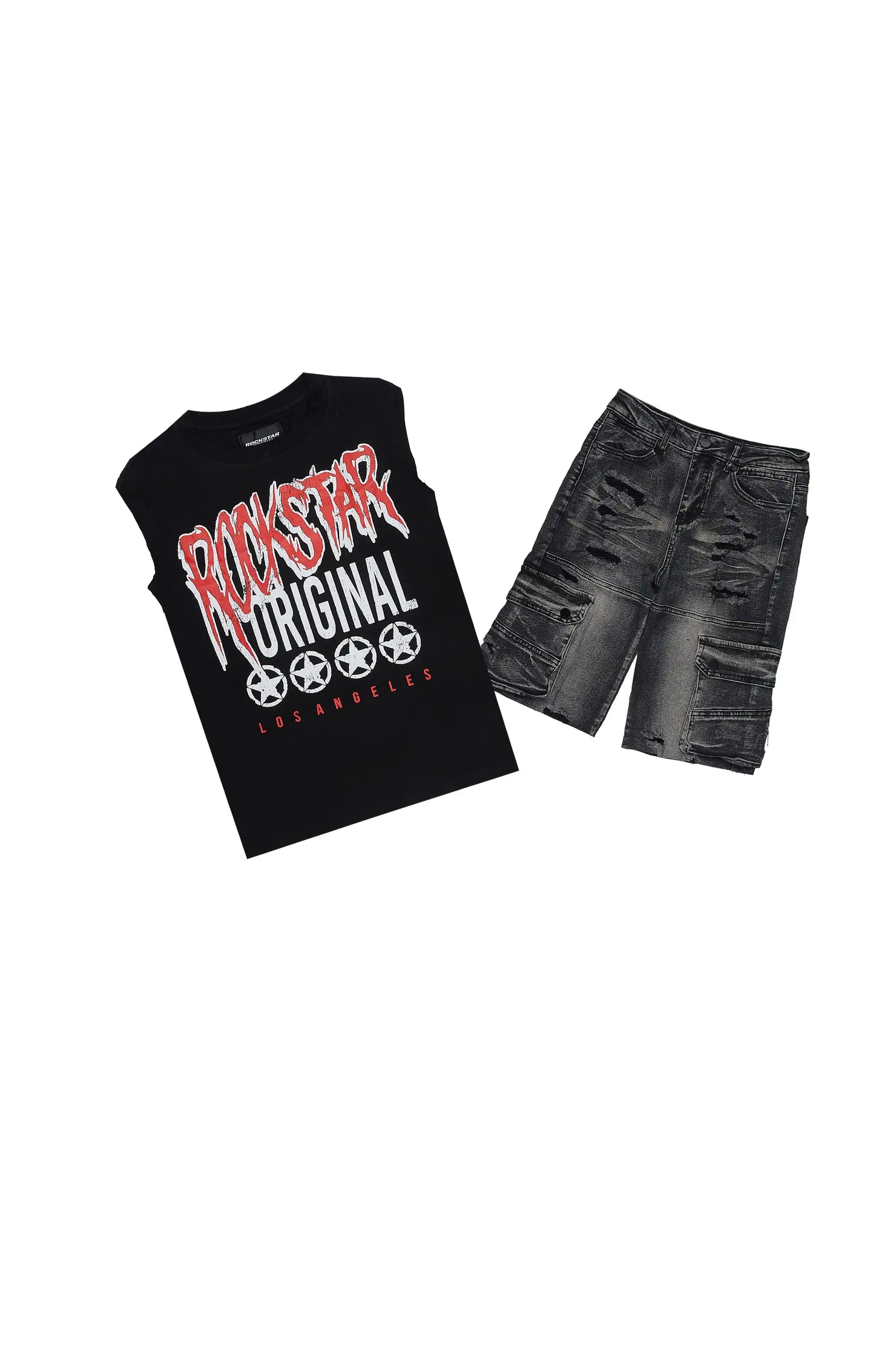 Boys Wizzlor Black/DarkGrey Cut Off T-Shirt Short Set