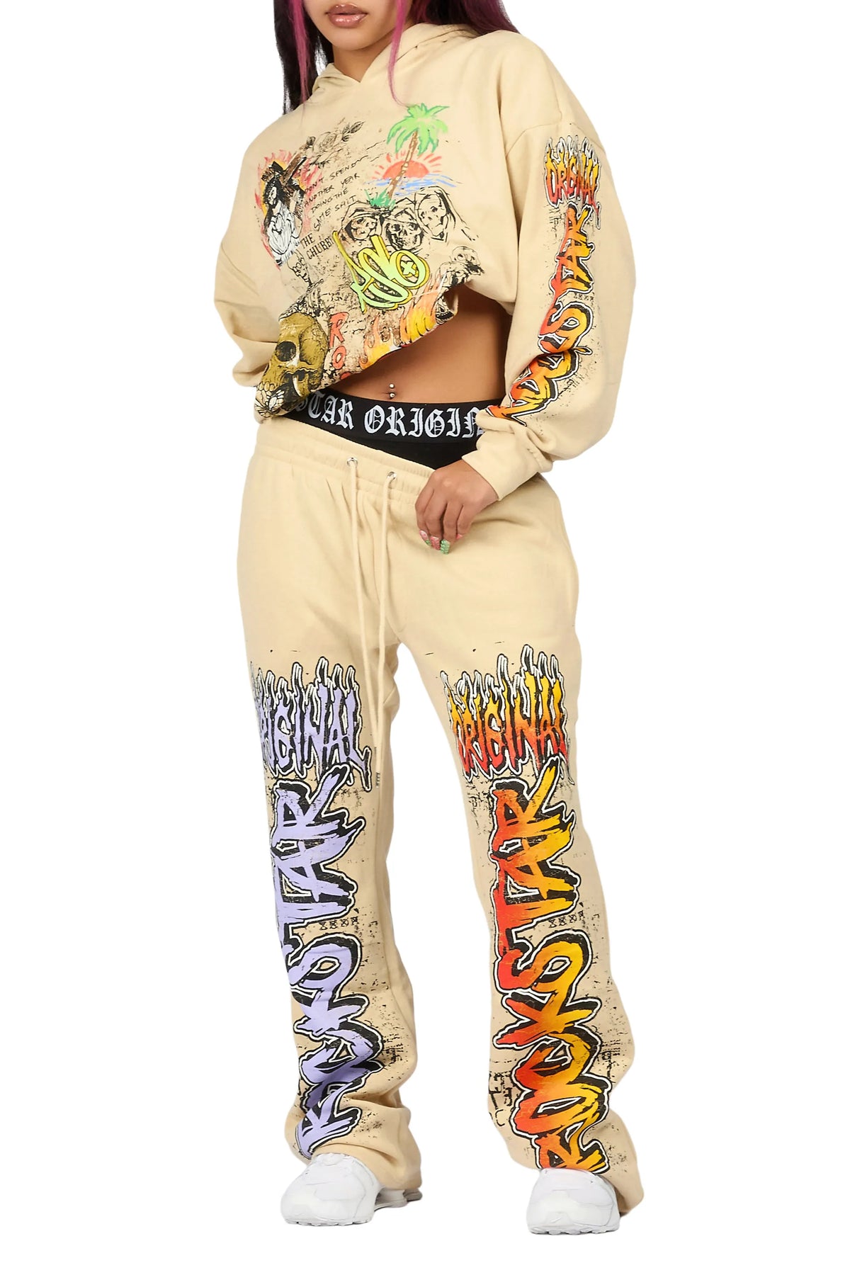 Luxoré Beige Graphic Baggy Fit Track Set