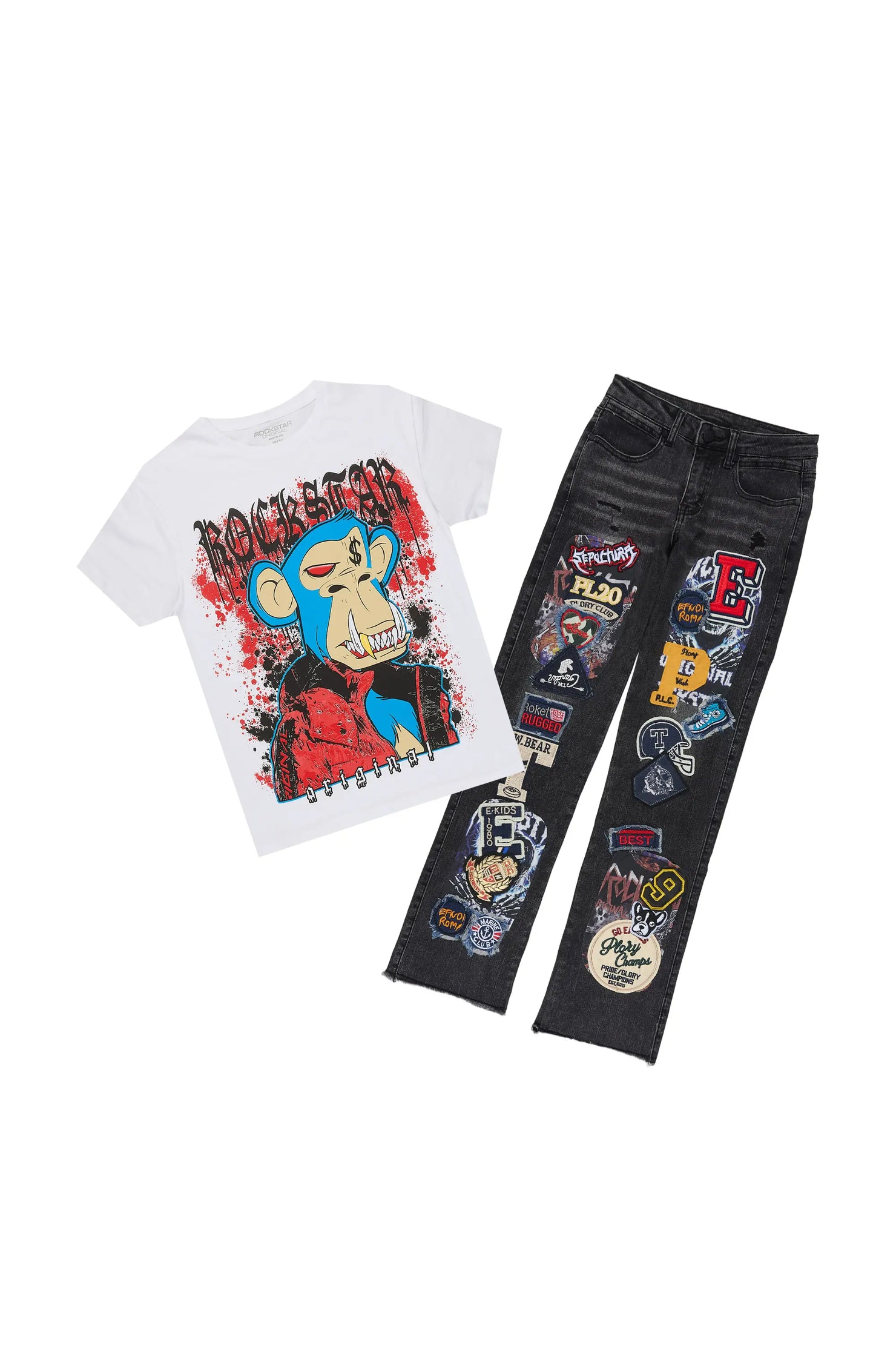 Boys Delzzon White/Black T-Shirt Stacked Jean Set