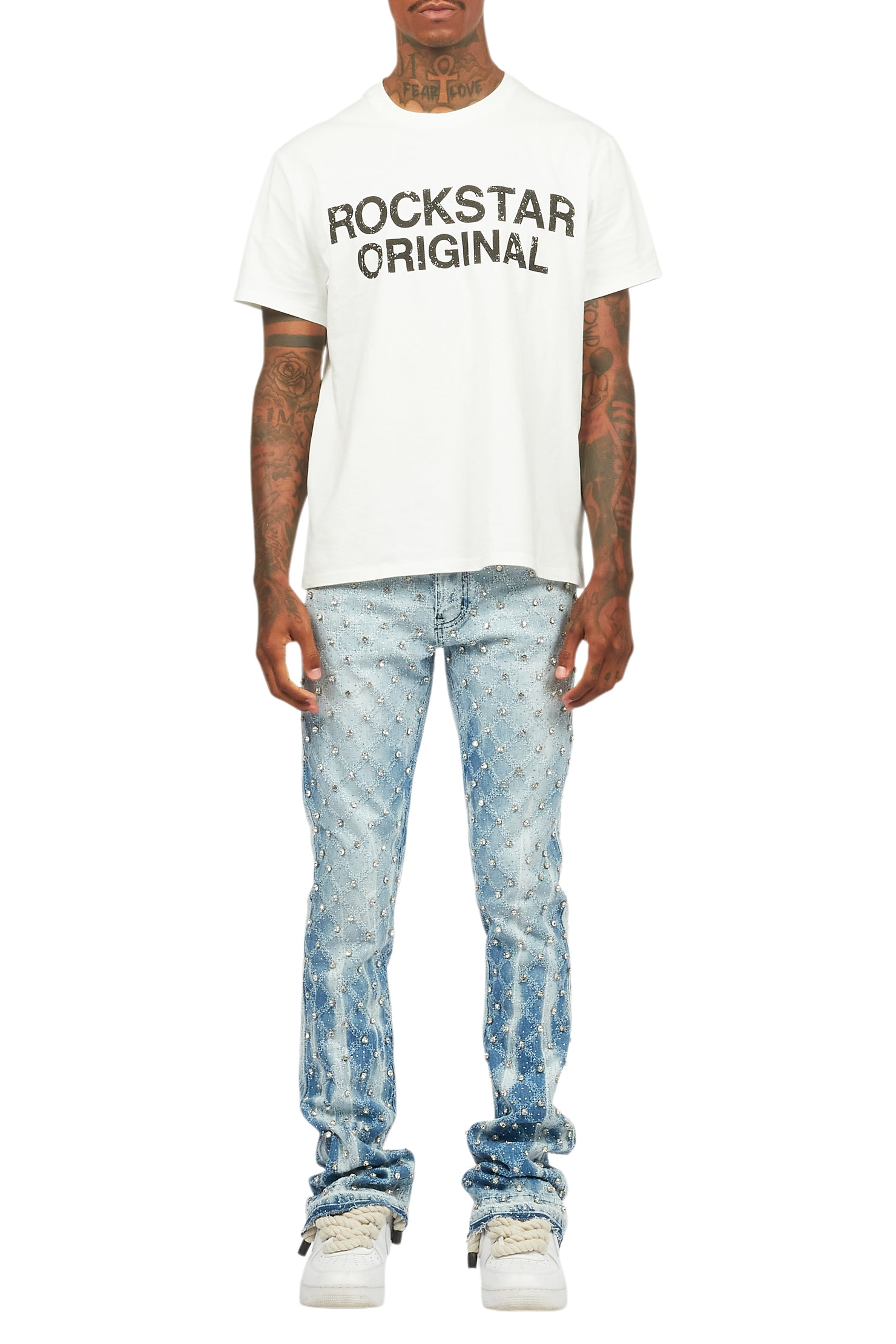 Glit Blue Rhinestone Stacked Flare Jean