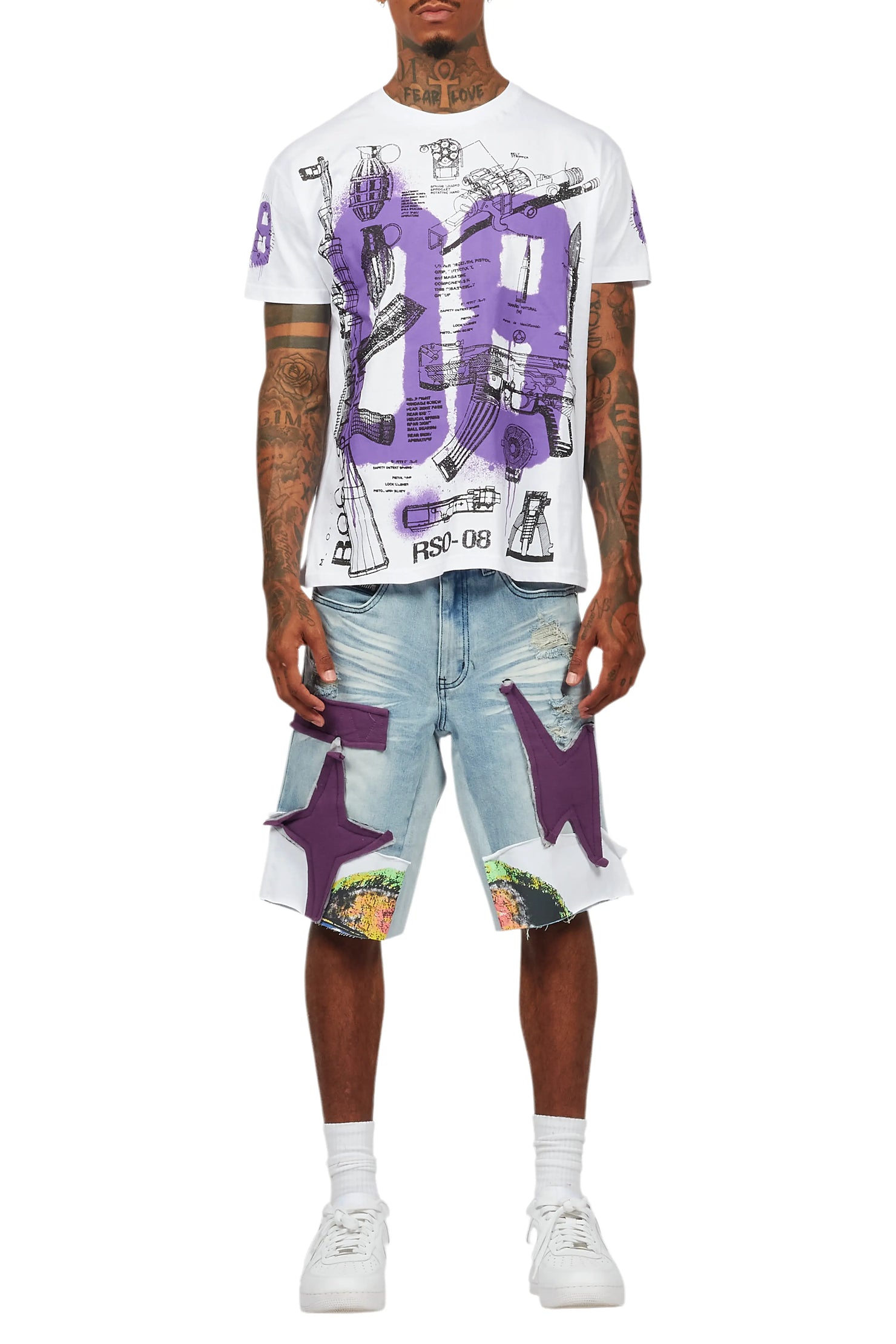 Nesta White/Purple T-Shirt/Denim Short Set