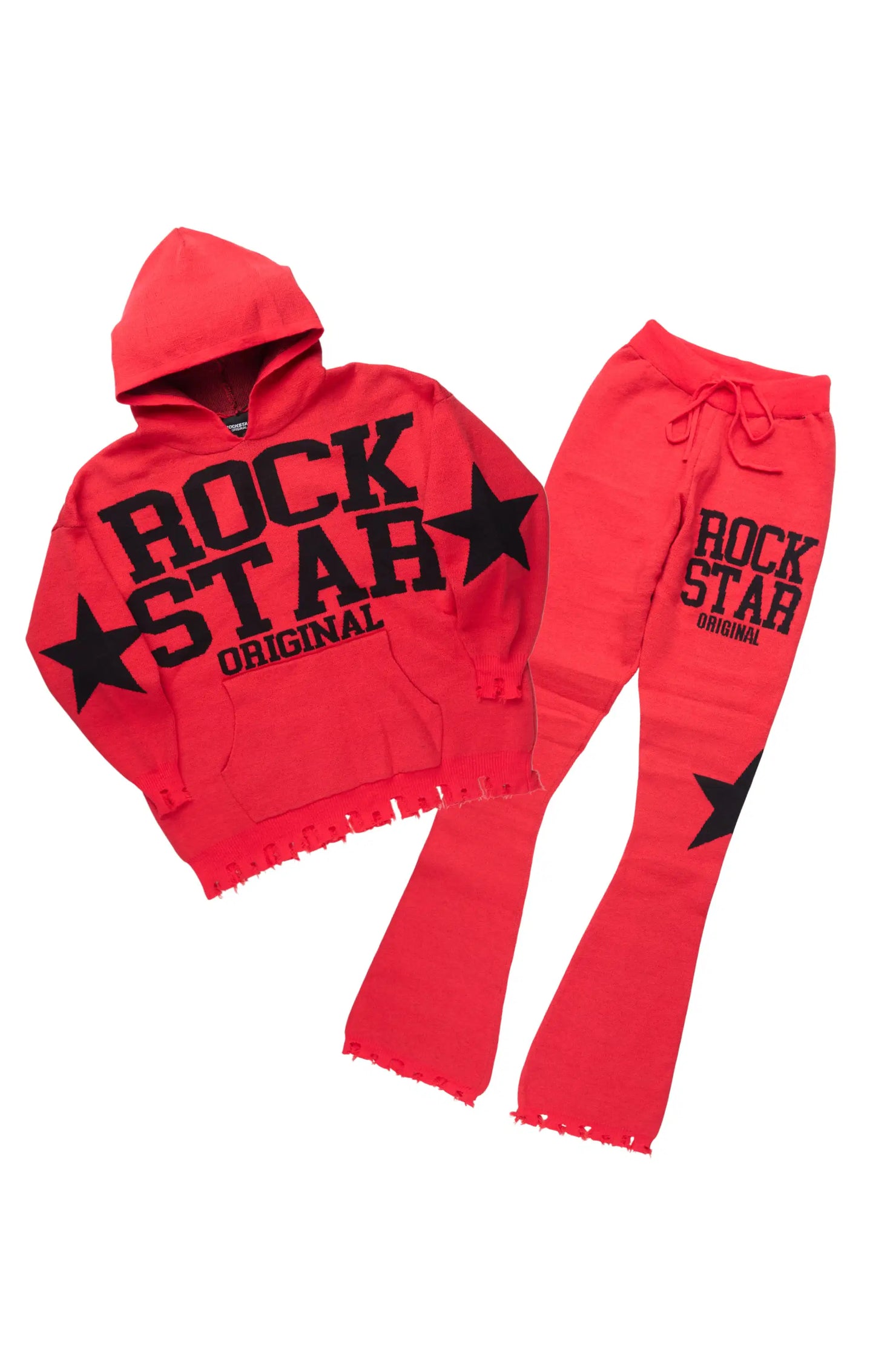 Outlaw Red Hoodie Stacked Flare Knitted Set