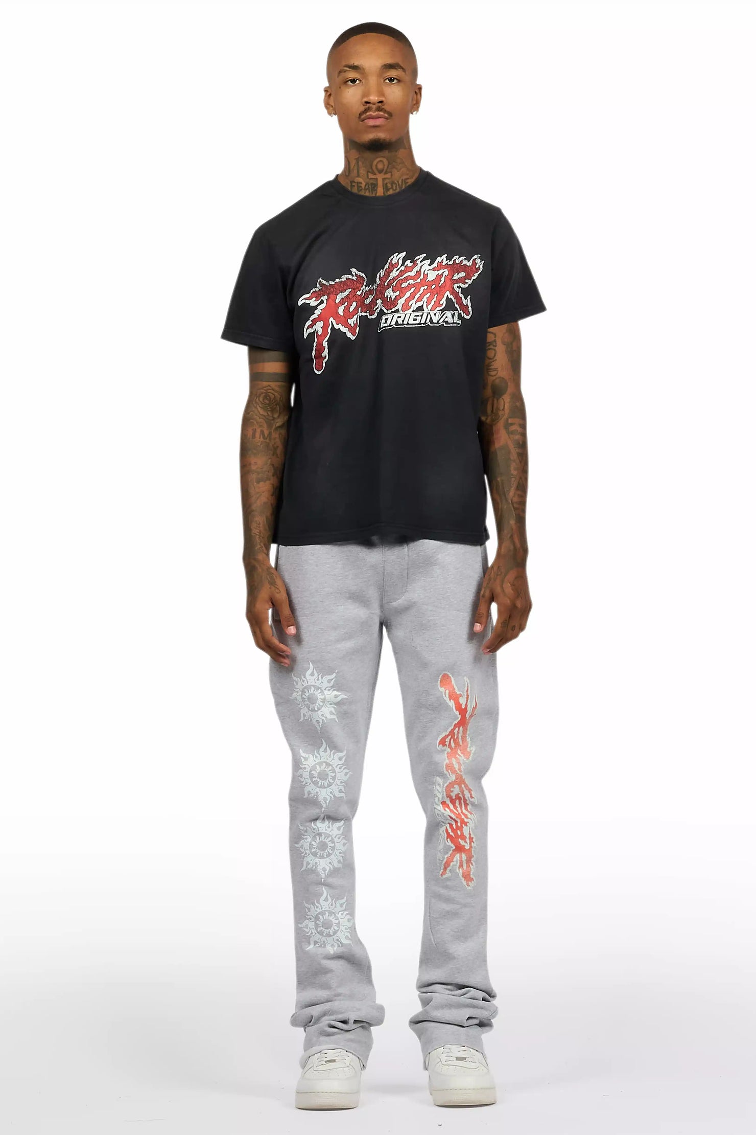 Yash Charcoal Grey T-Shirt/Stacked Flare Track Pant Set