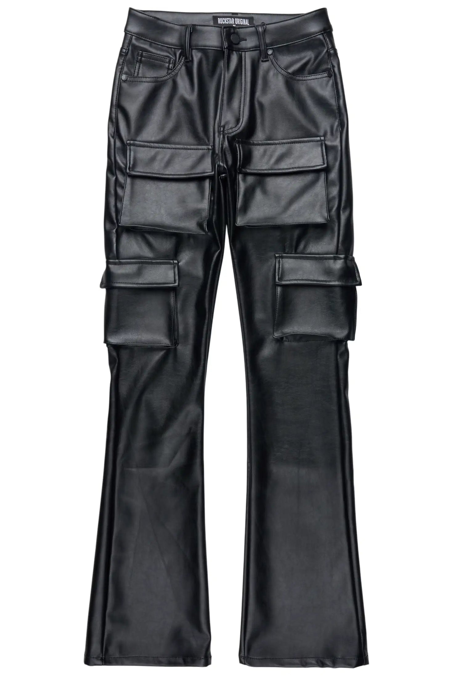 Caressia Black PU Cargo Stacked Flare Pant
