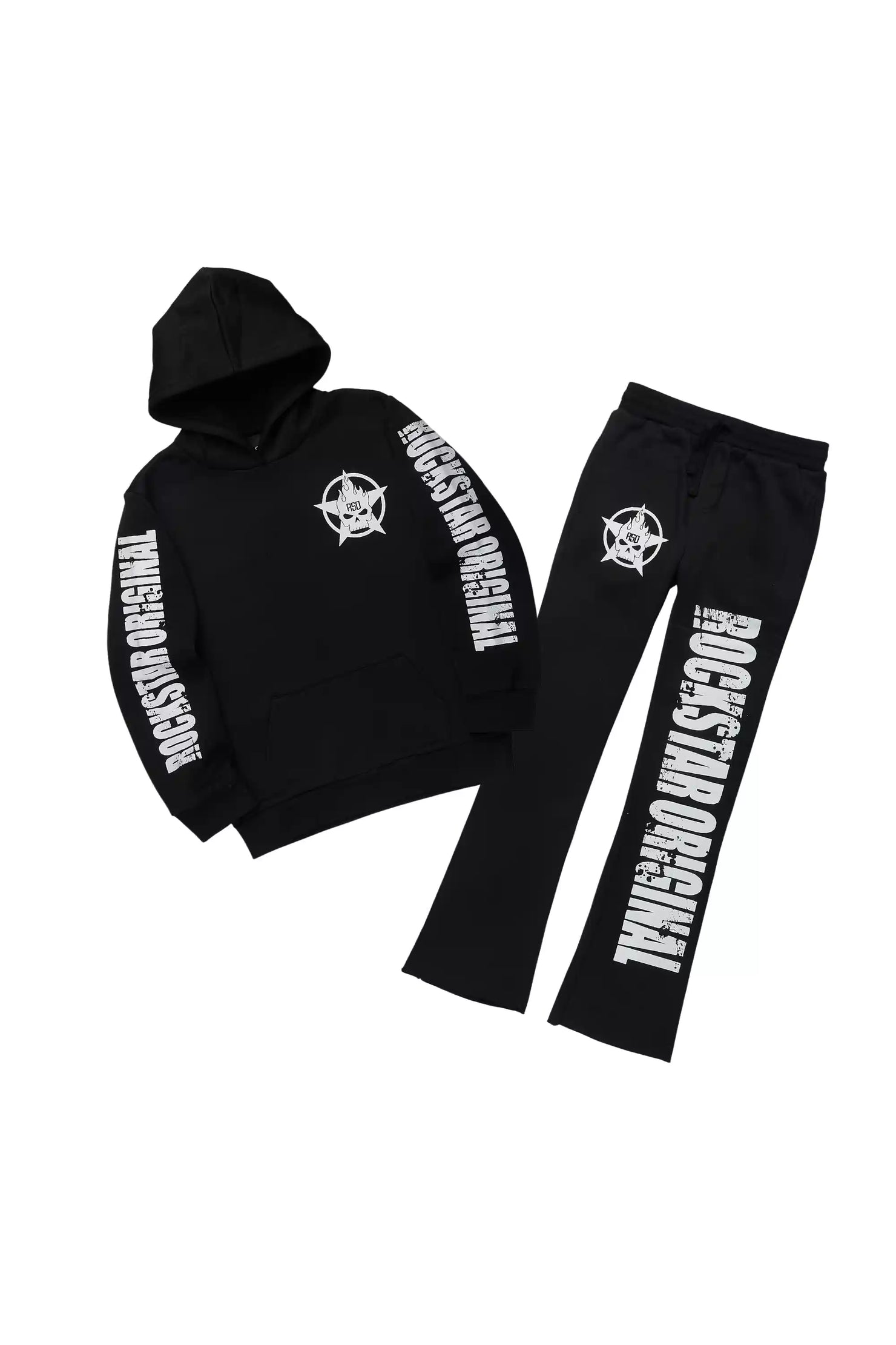 Boys Keve Black Hoodie Stacked Track Pant Set