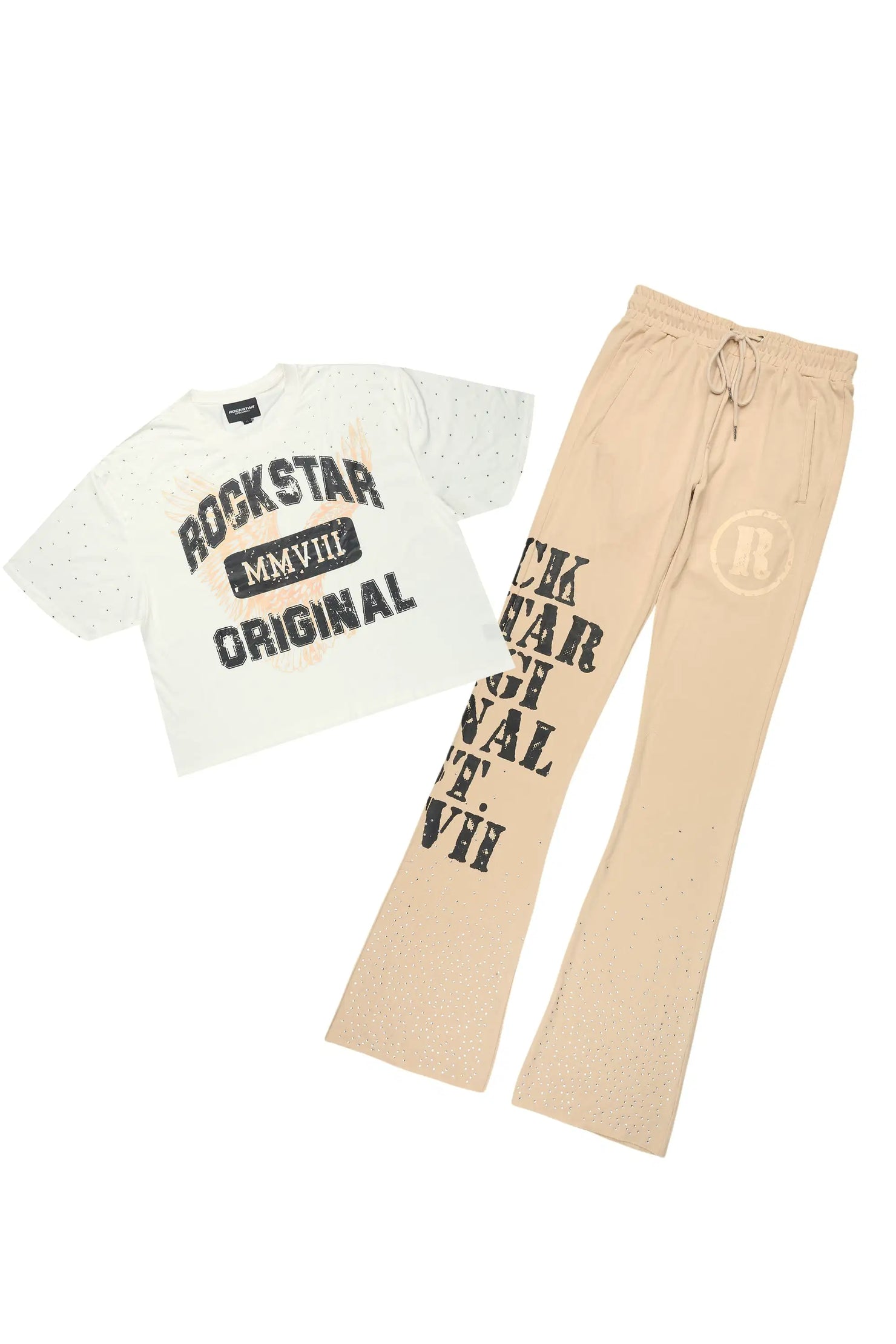 Borya Beige Rhinestone T-Shirt/Baggy Stacked Track Set