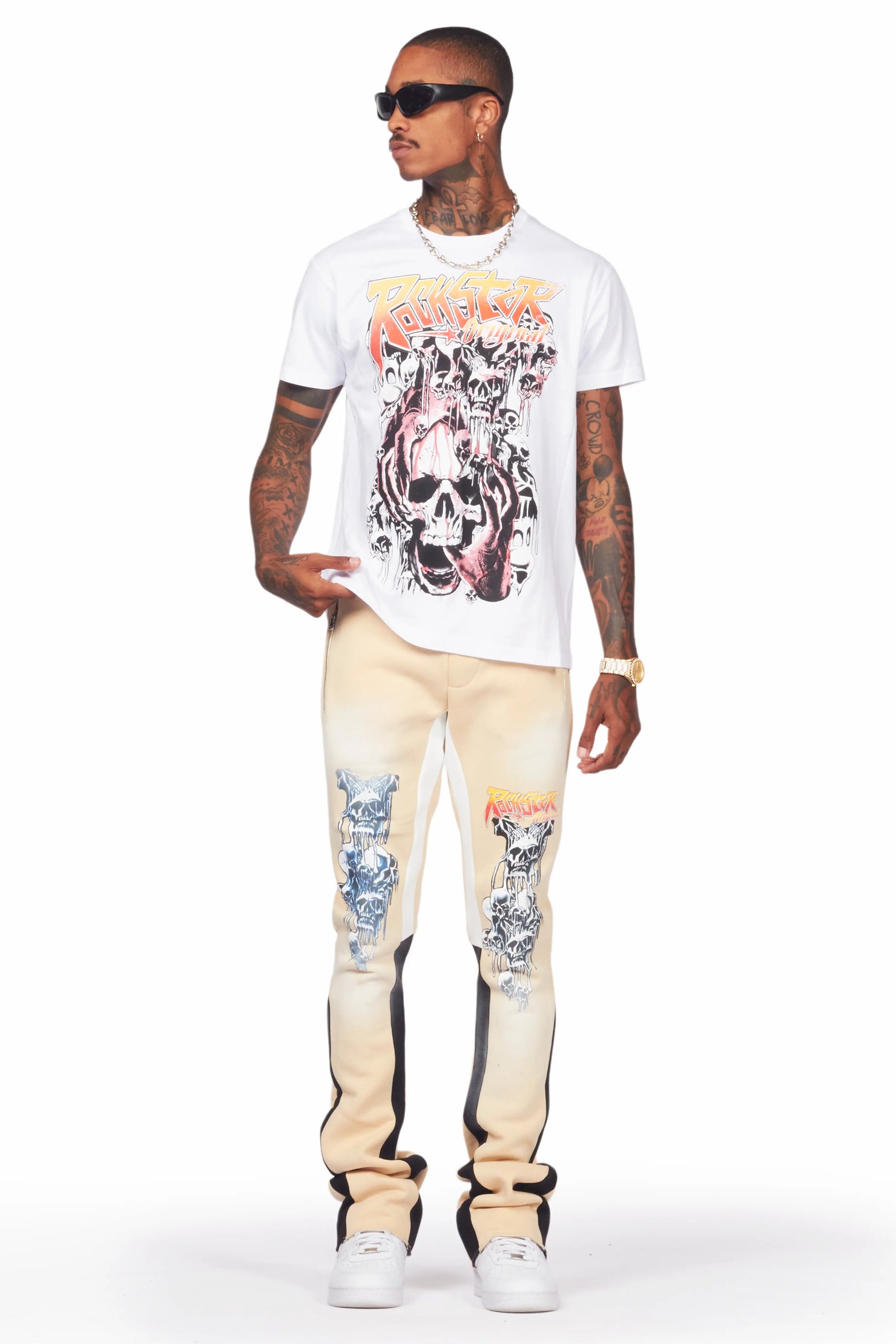 Grady White/Beige T-Shirt/Stacked Flare Track Set