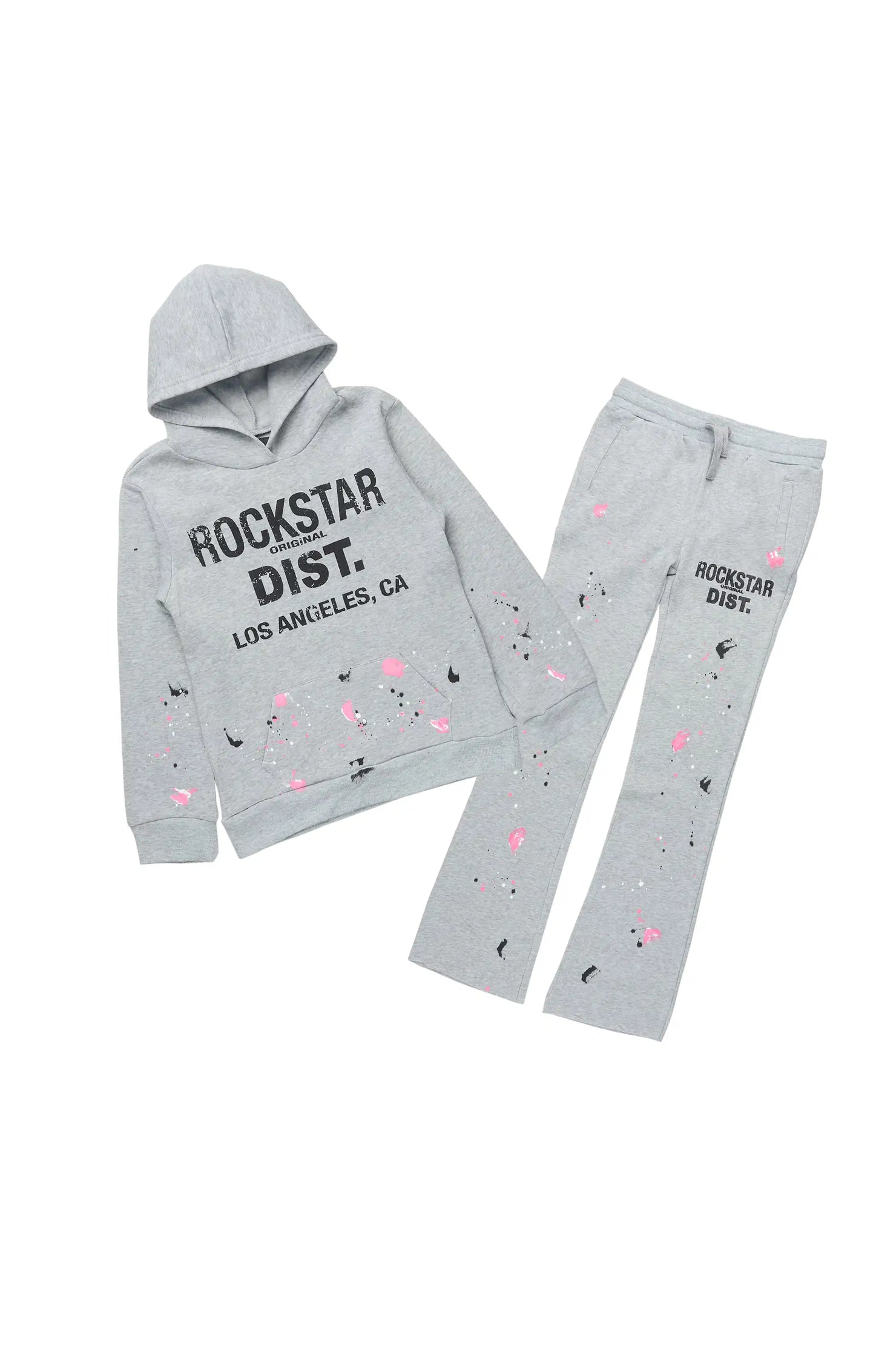 Girls Scatie 2.0 Heather Grey/Pink Hoodie/Stacked Flare Track Set