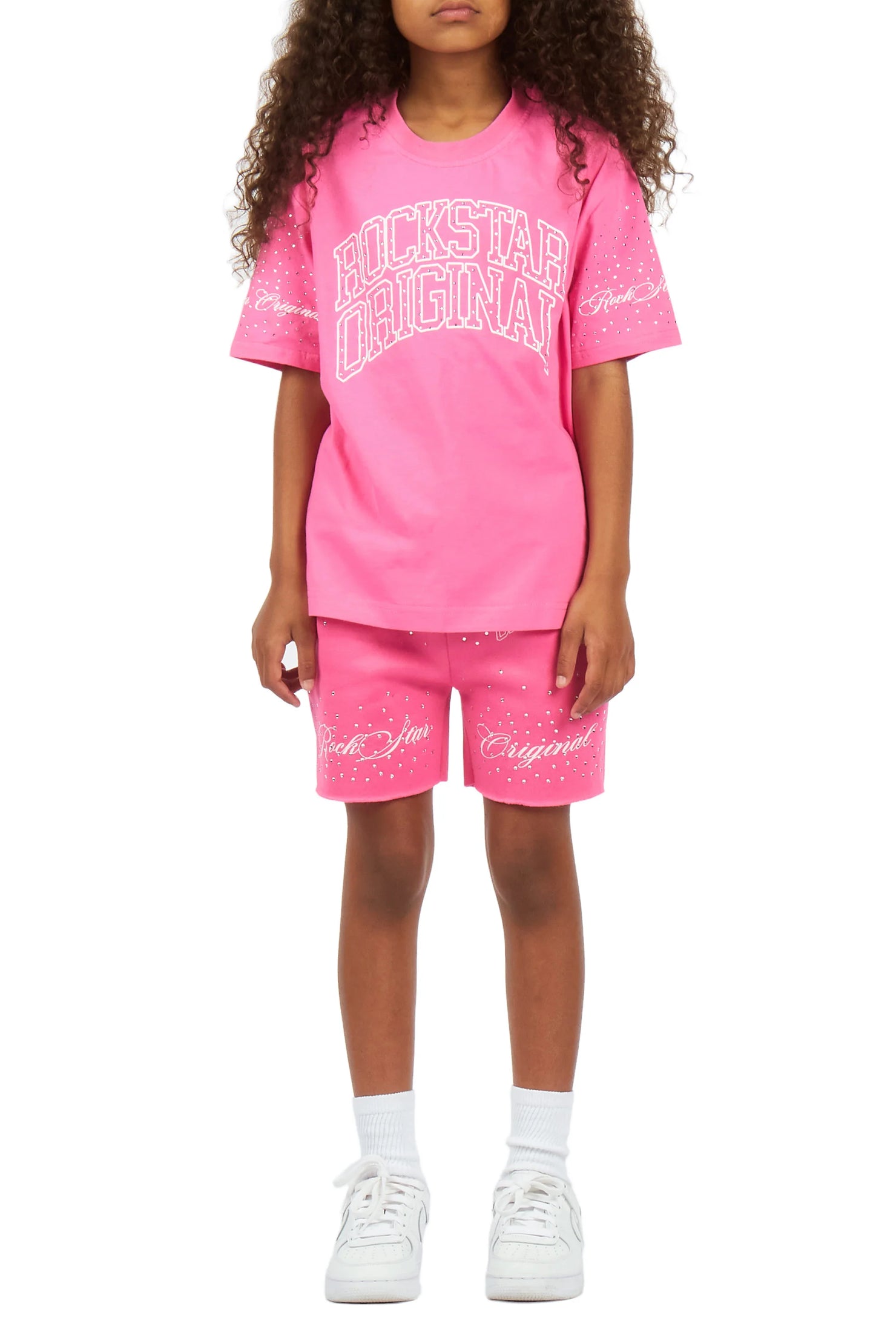 Girls Lakisha Pink Rhinestone Oversized T-Shirt Short Set