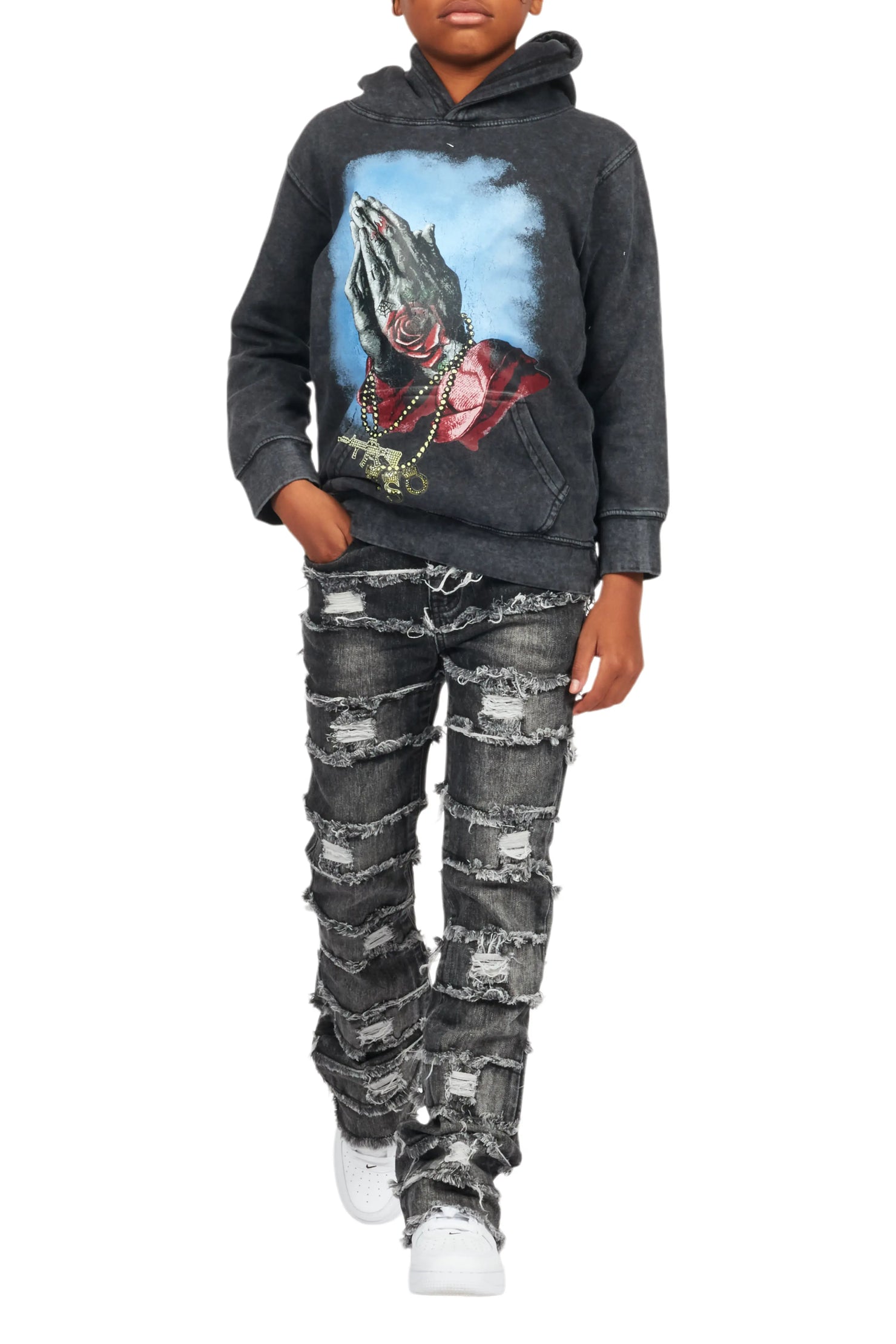 Boys Gonave Vintage Black Hoodie/Stacked Flare Jean Set