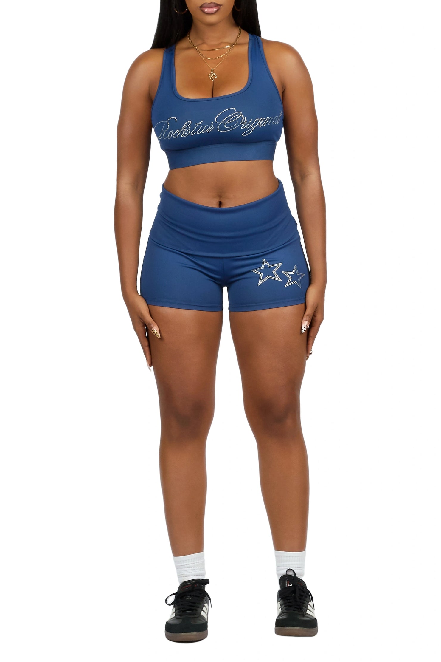 Arieona Navy Rhinestone Sports Bra Foldover Short Set