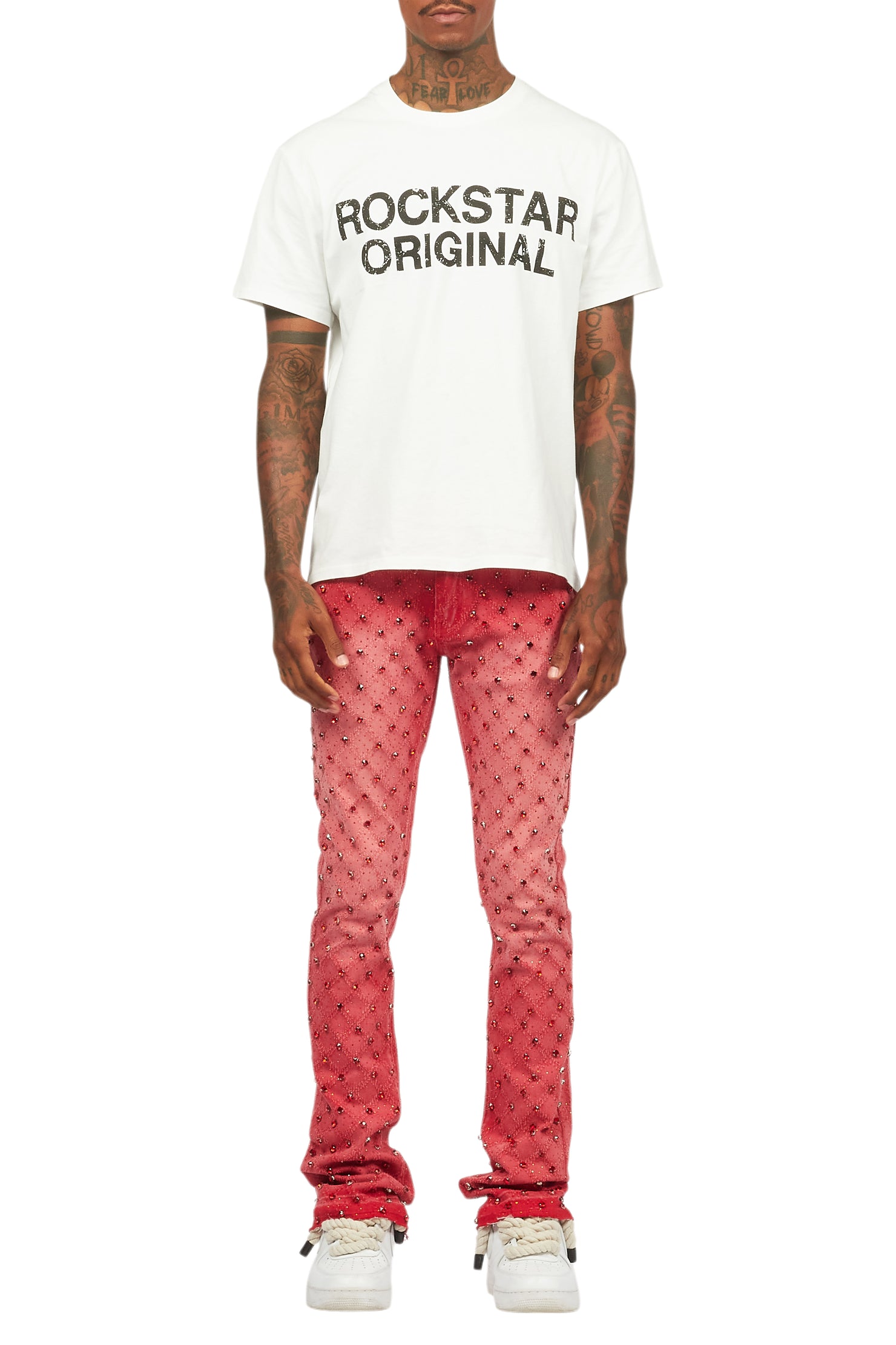 Glit Red Rhinestone Stacked Flare Jean