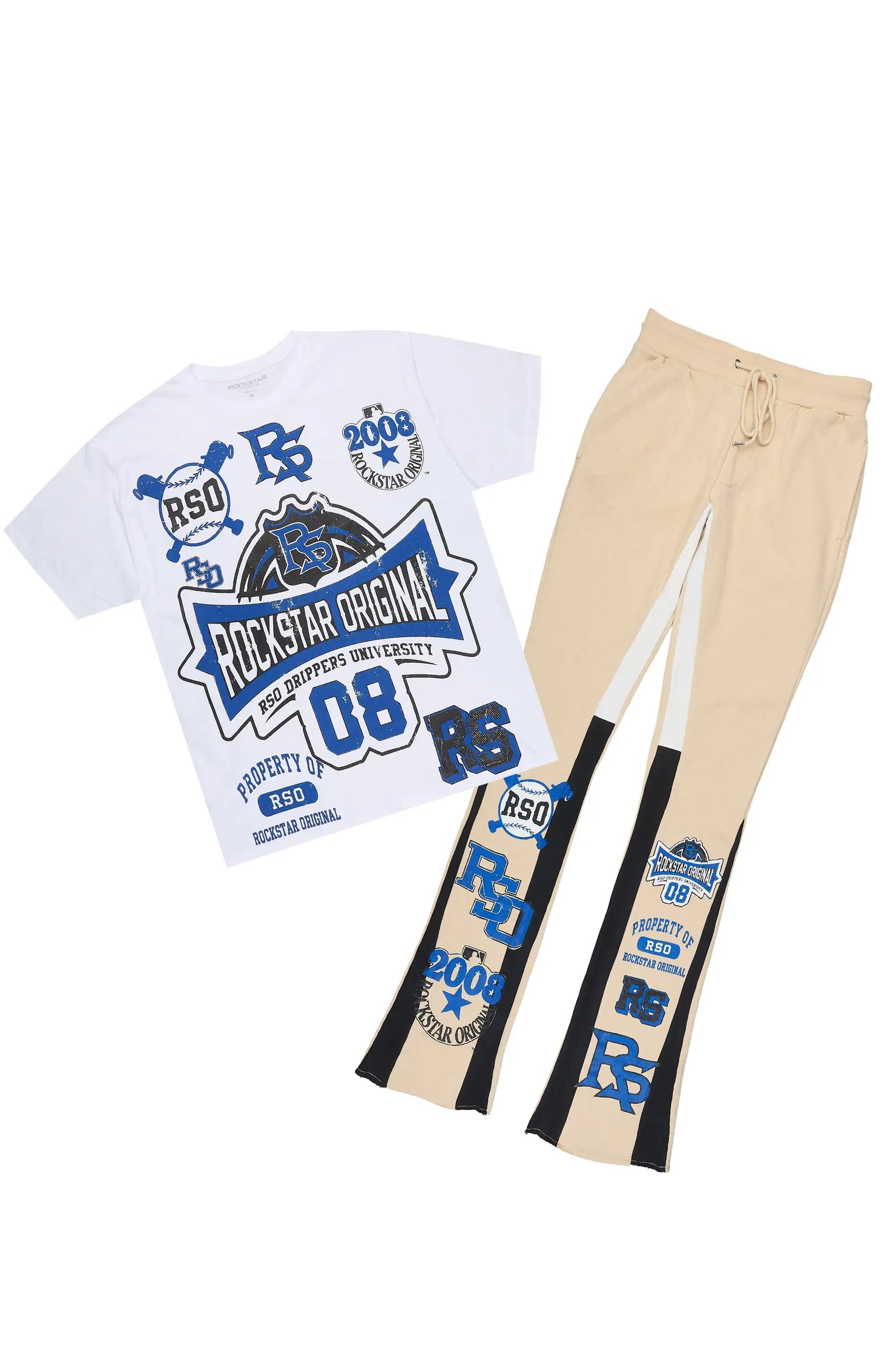 Mavrix White/Beige T-shirt/Stacked Flare Track Pant Set