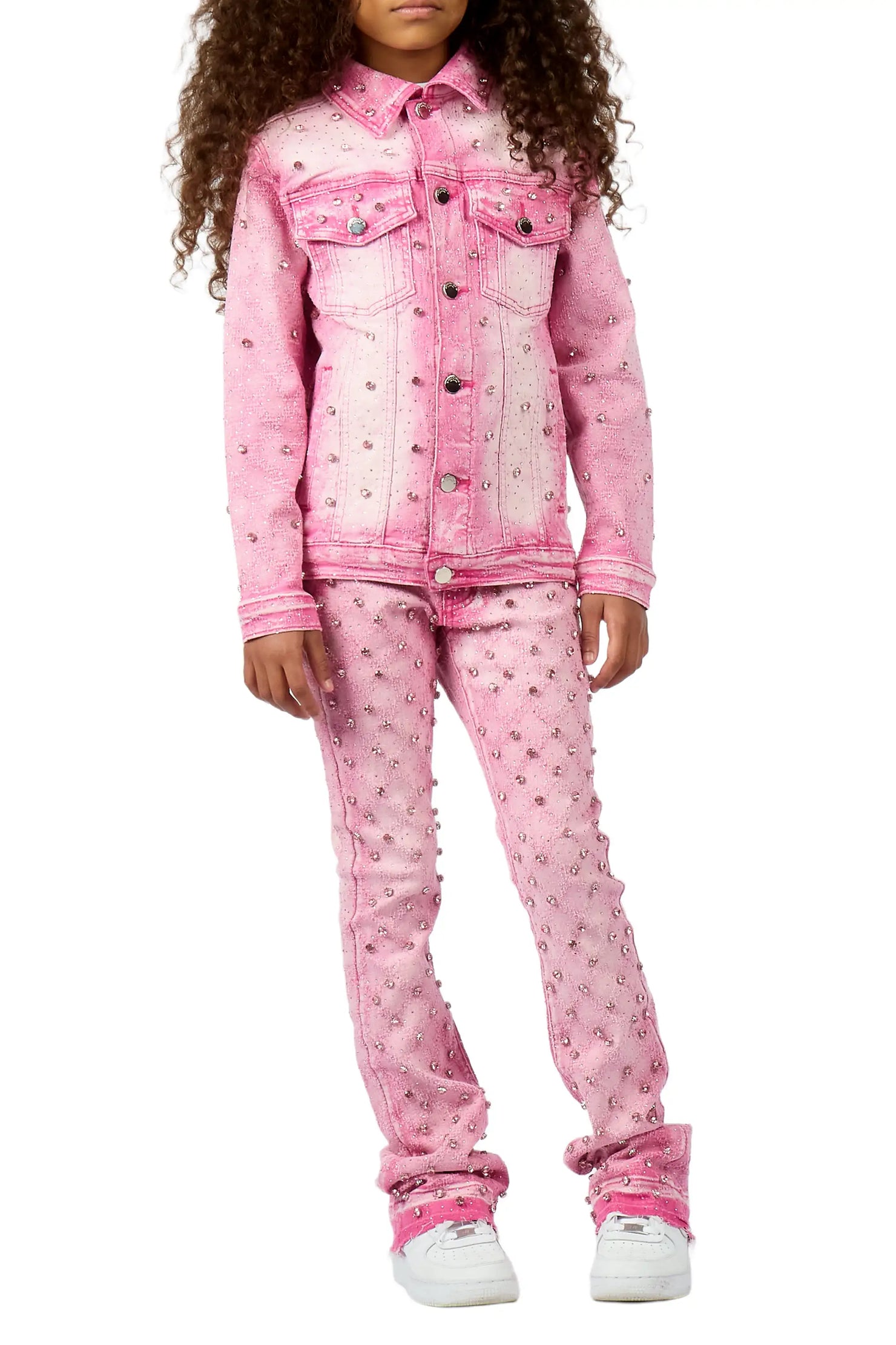 Girls Sareka Pink Rhinestone Denim Jacket/Jean Set