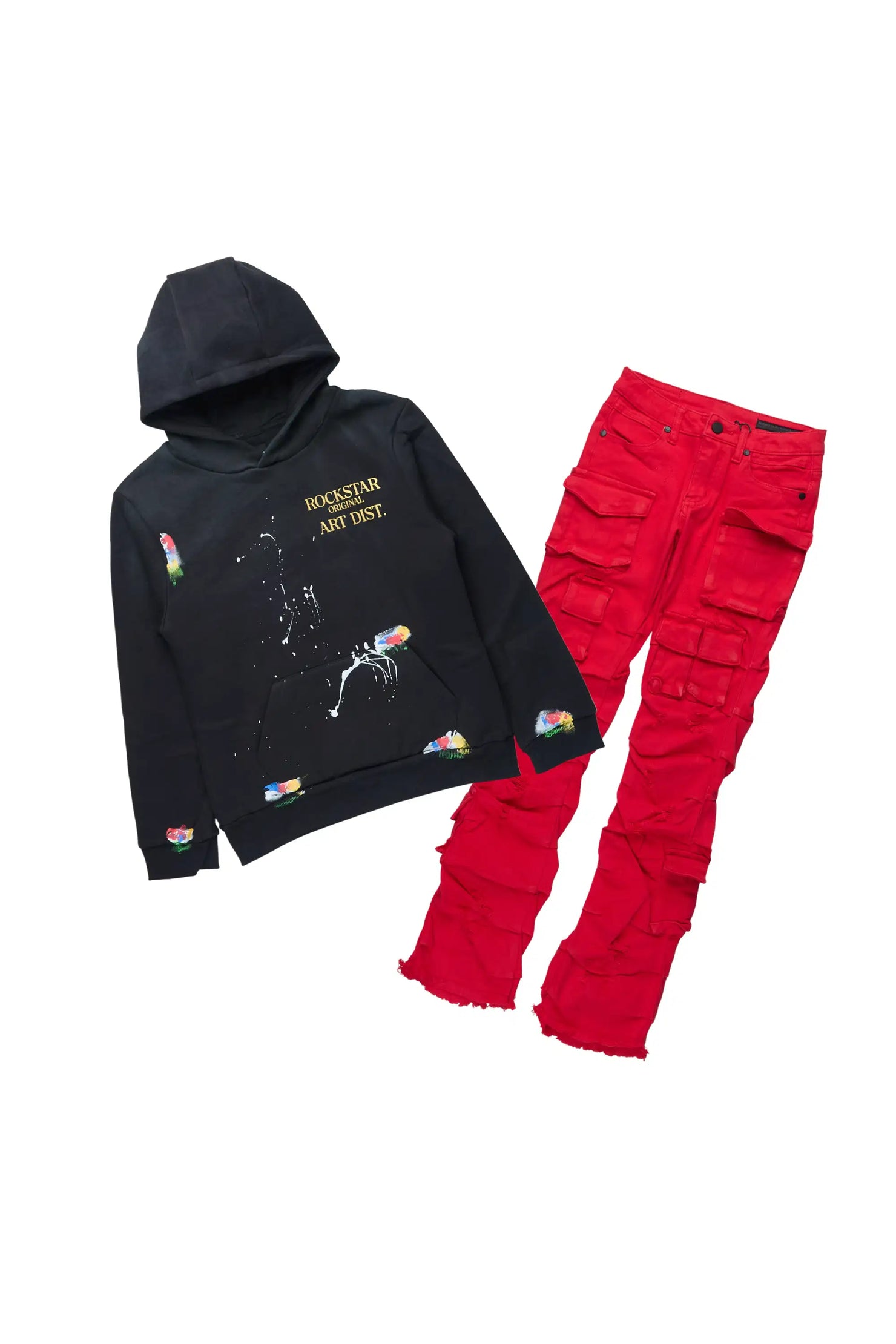 Girls Palmira Black Hoodie & Gentry Red Stacked Jean Set