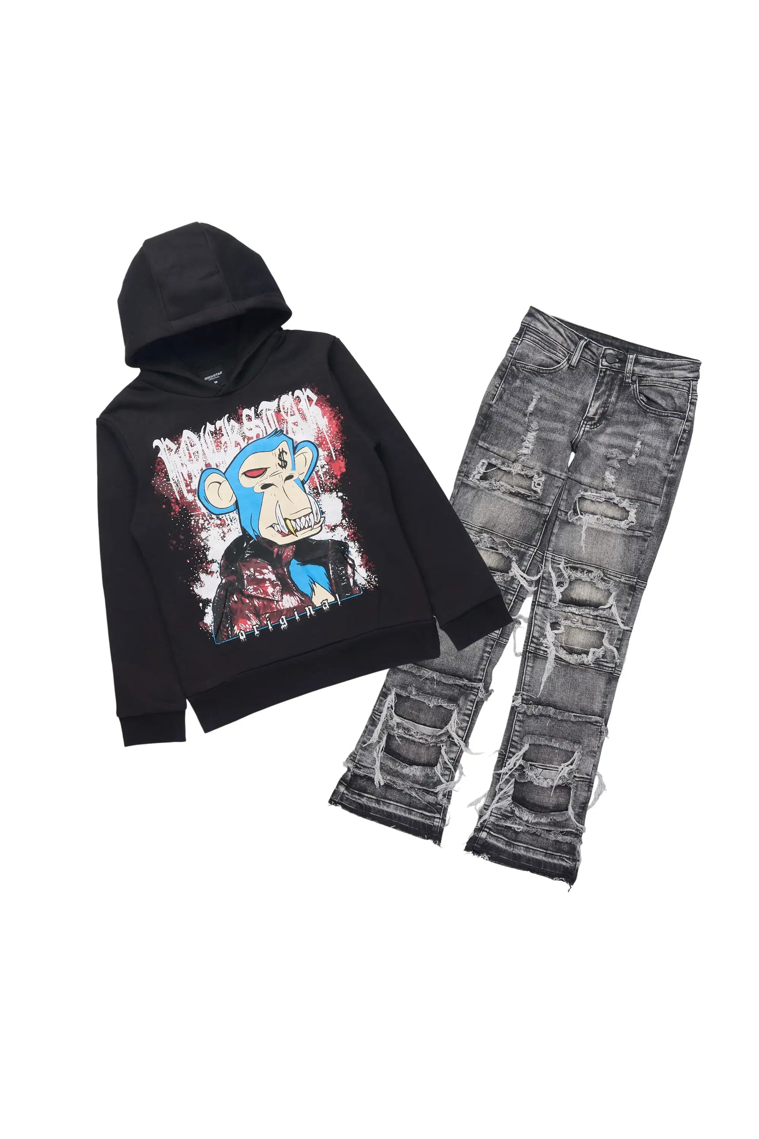 Boys Delzzon Black Hoodie & Vasco Grey Stacked Jean Set