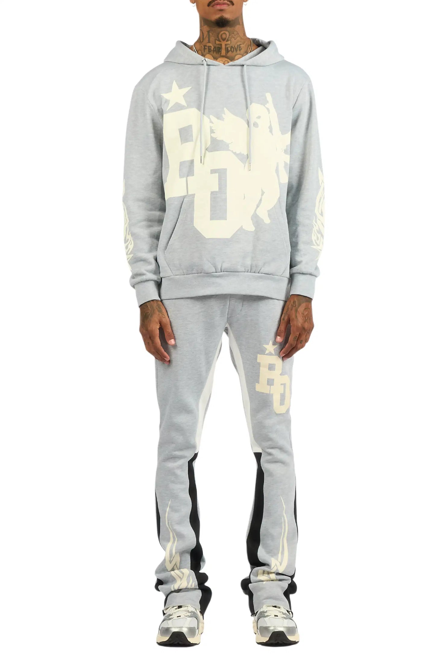 Pluton Heather Grey/Cream Hoodie/Stacked Flare Track Set