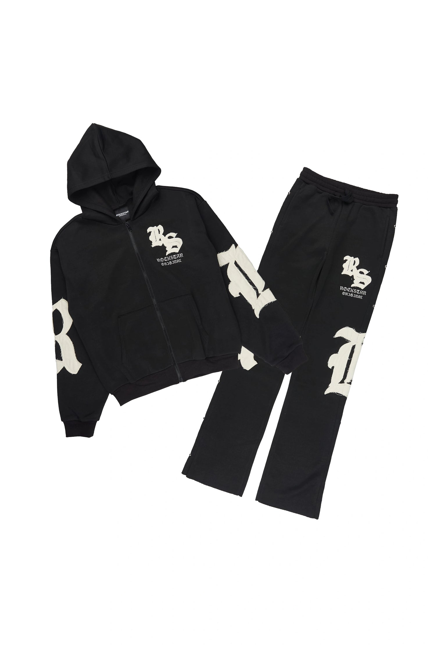 Boys Shire Black/White Zip Up Hoodie Stacked Track Set