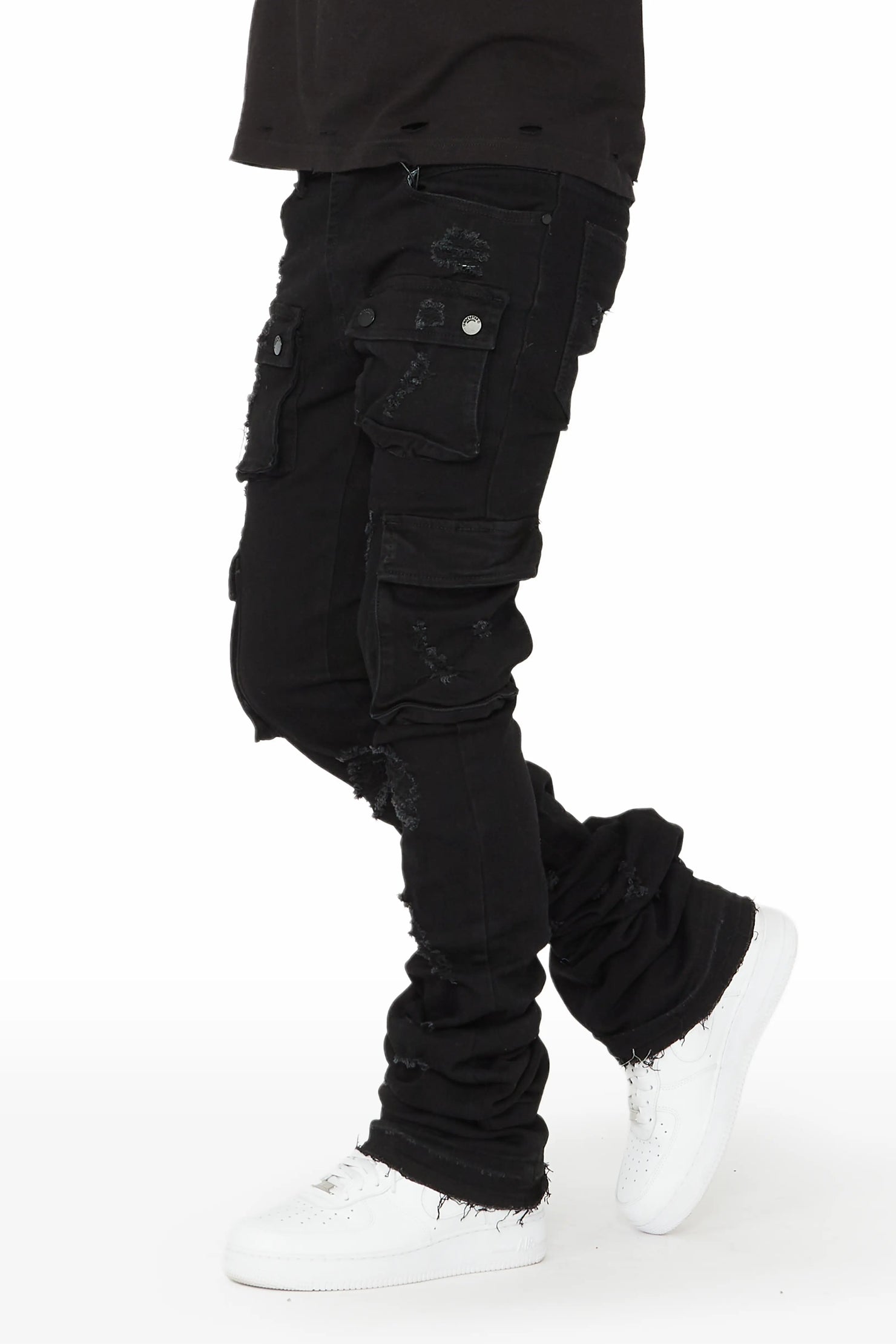 Zaire Black Cargo Super Stacked Flare Jean