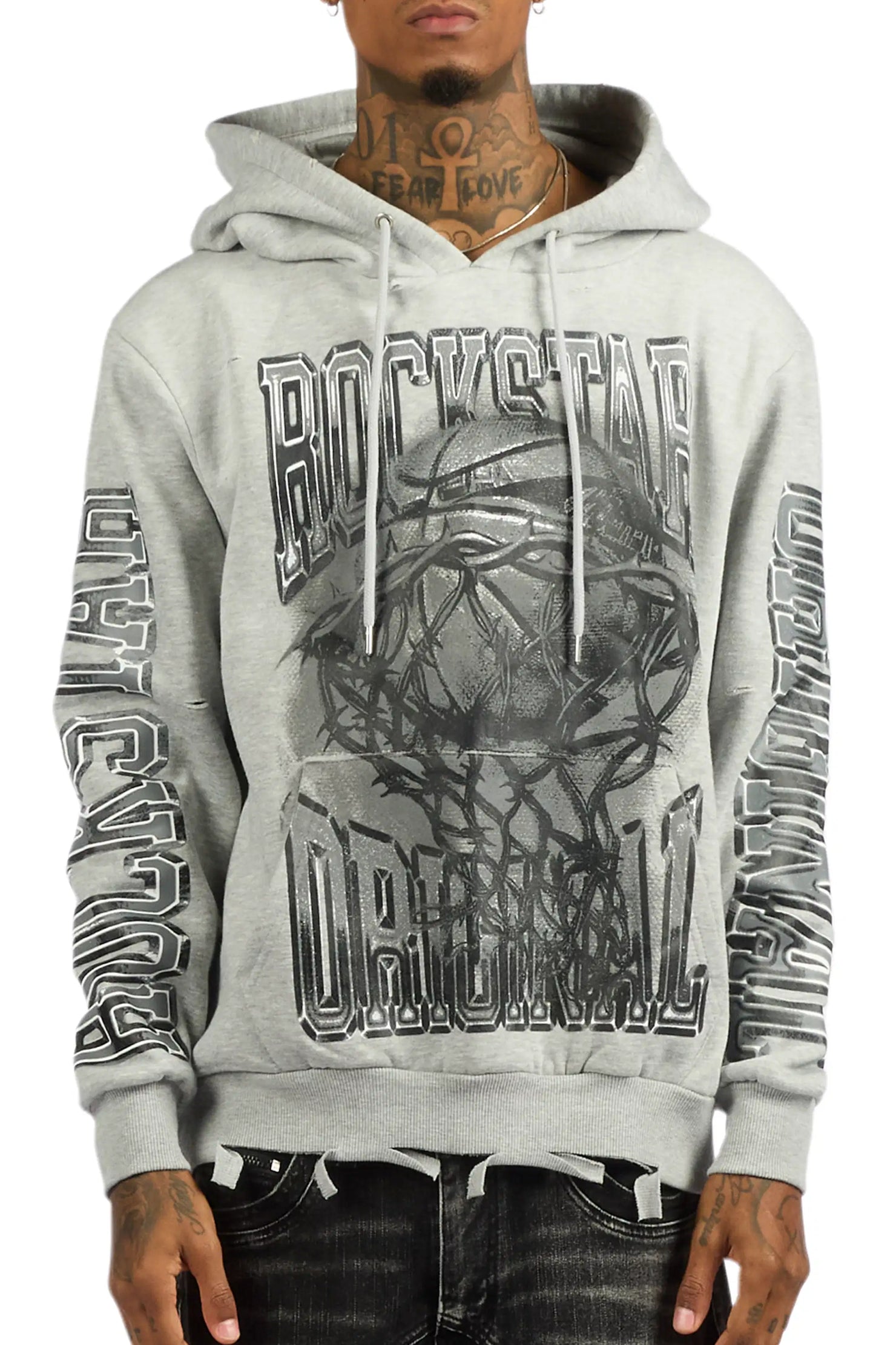 Rleague Grey Distressed Graphic Relaxed Hoodie