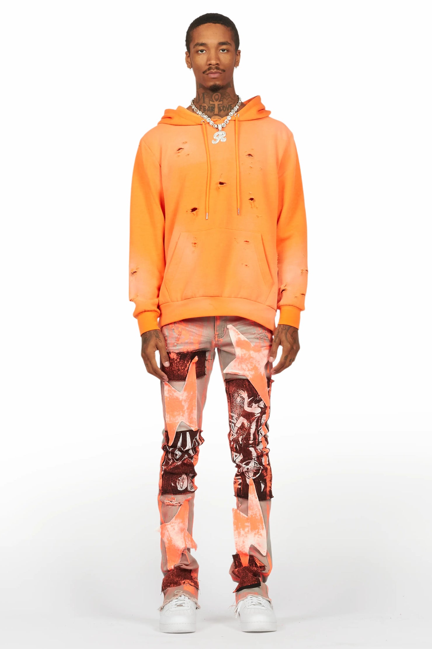 Valko Grey/Orange Roller Paint Stacked Flare Jean