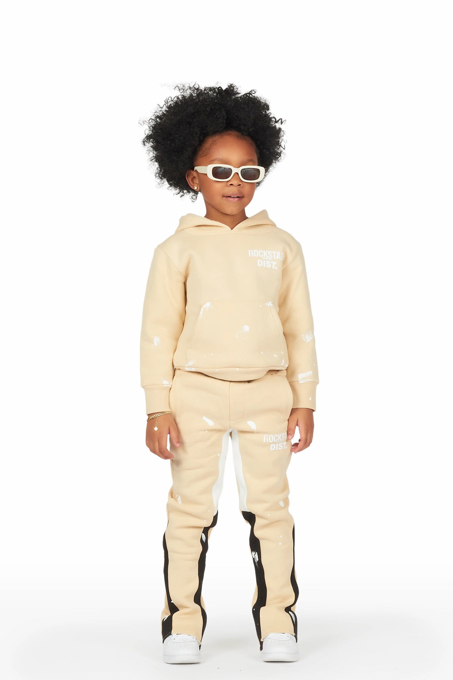 Girls Hadley Beige/Black Hoodie Stacked Flare Track Set
