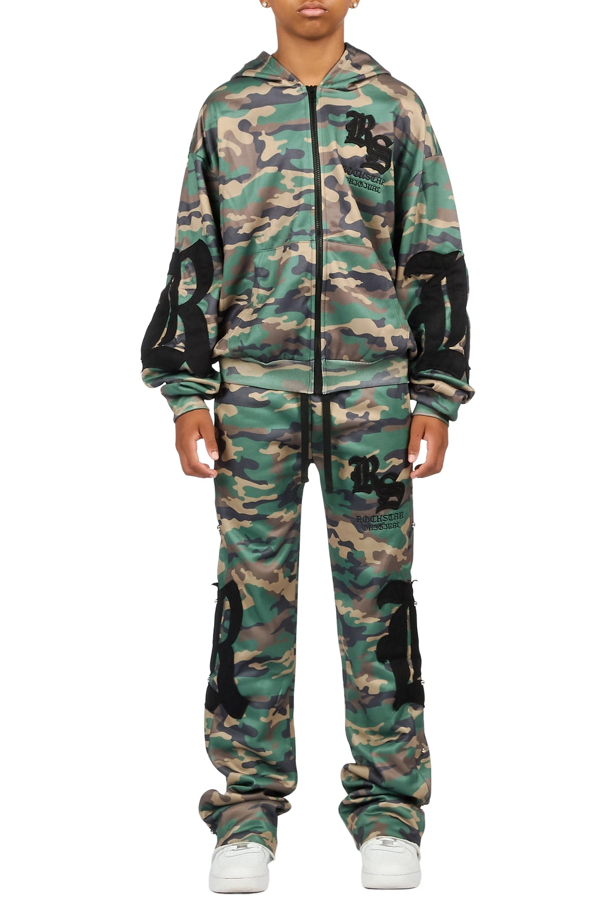 Boys Shire Camo/Black Zip Up Hoodie Stacked Track Set