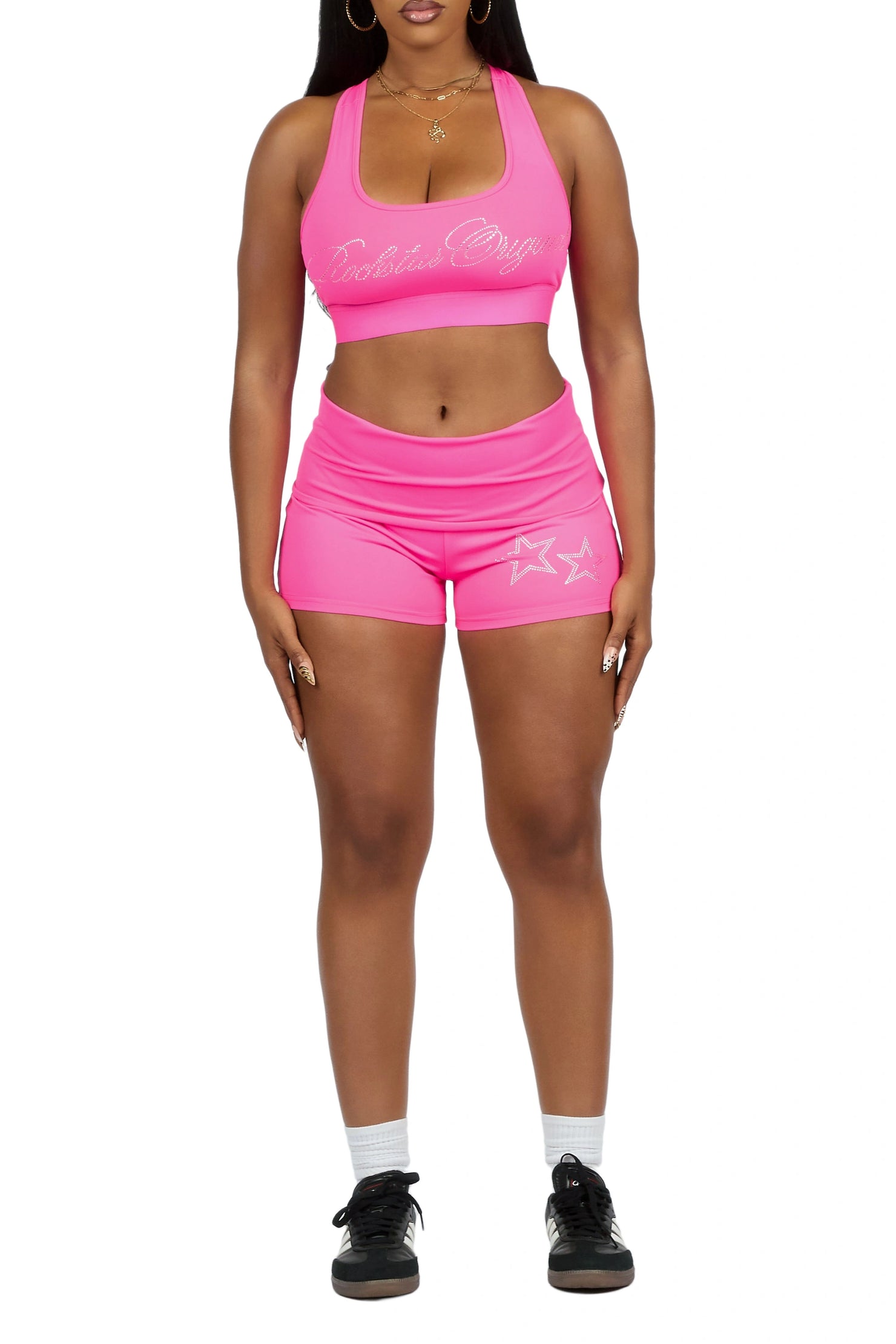 Arieona Hot Pink Rhinestone Sports Bra Foldover Short Set