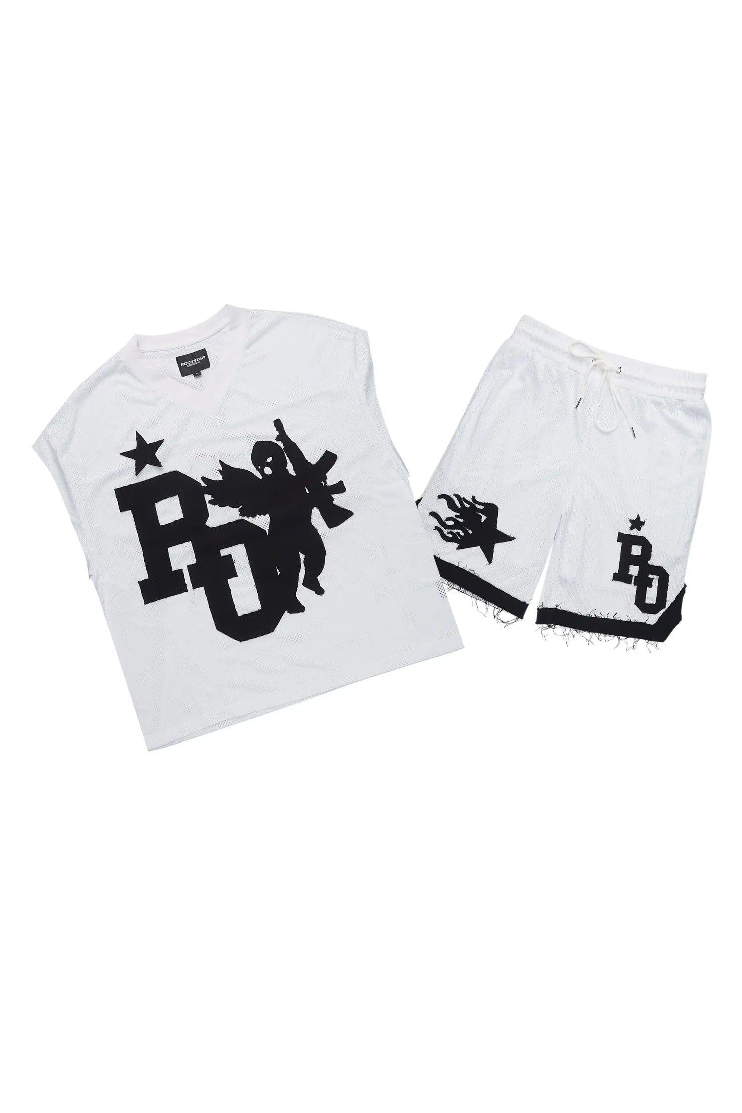 Pluton White Cut Sleeve Mesh T-Shirt/Short Set