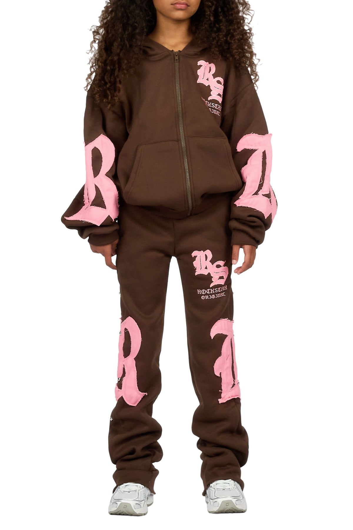 Girls Shironda Brown/Pink Zip Up Hoodie Stacked Track Set