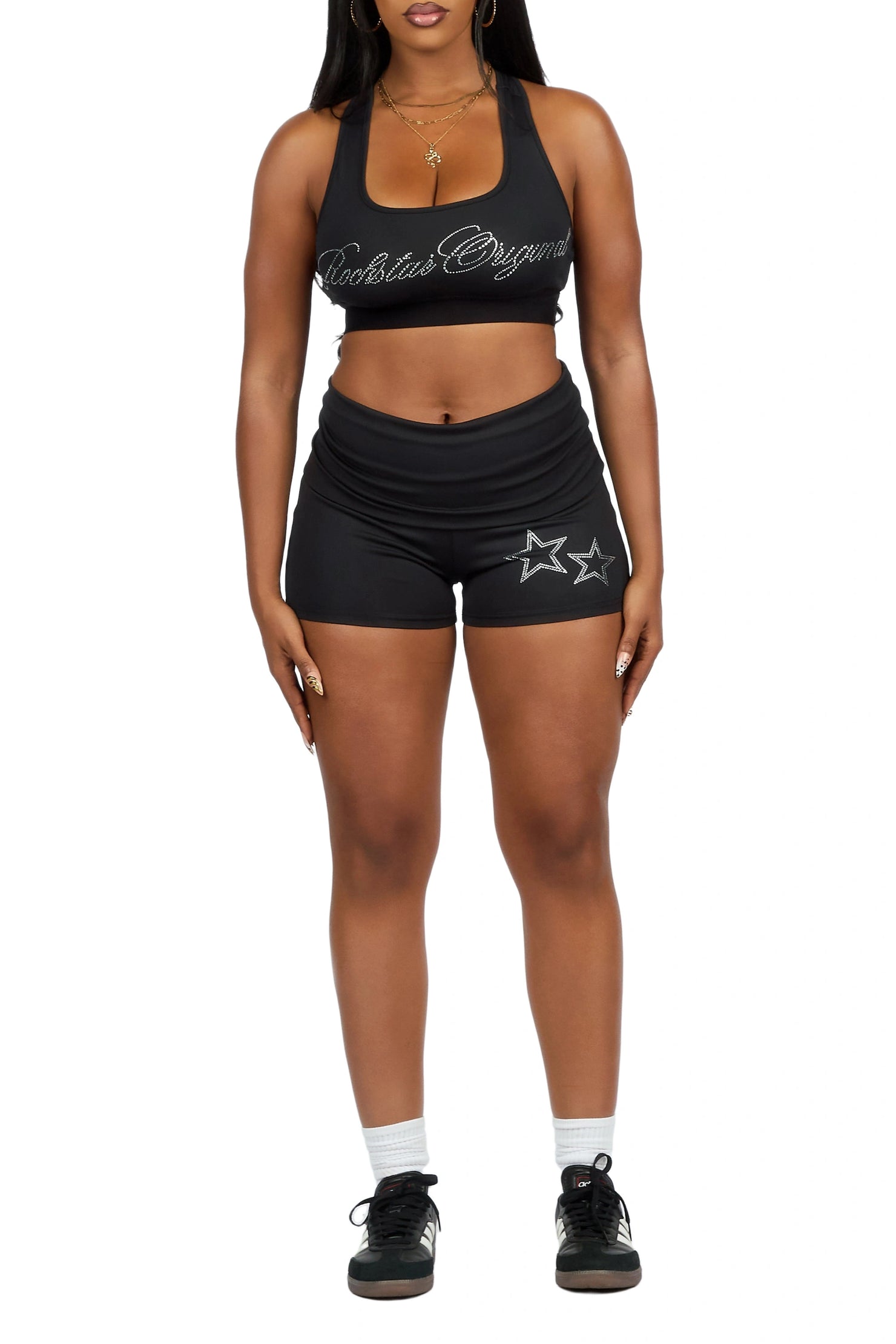 Arieona Black Rhinestone Sports Bra Foldover Short Set