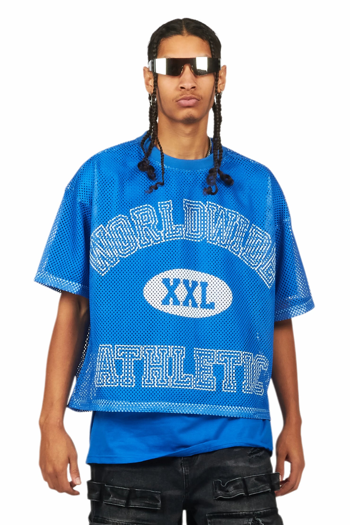 Sabas Royal Blue Graphic Crop Top Mesh Jersey