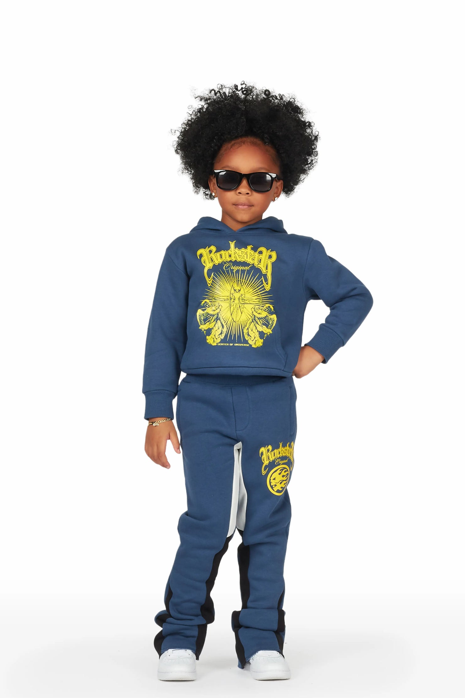 Girls Yadi Navy Hoodie Super Stacked Flare Track Set