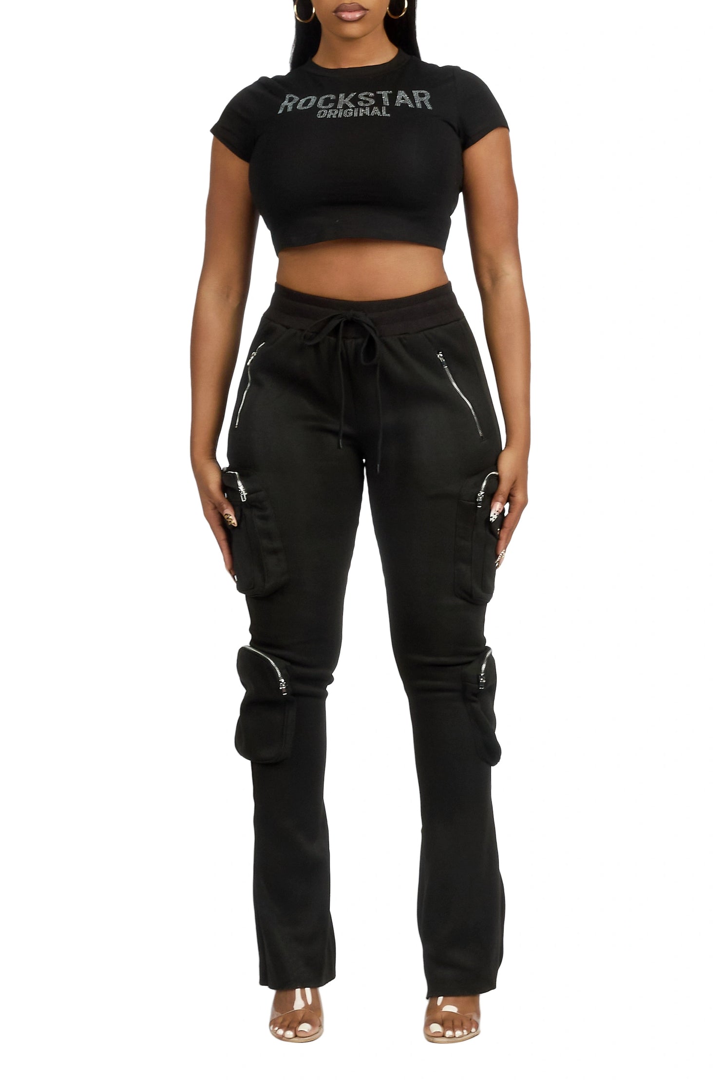 Cheronnie Black Cargo Stacked Track Pant