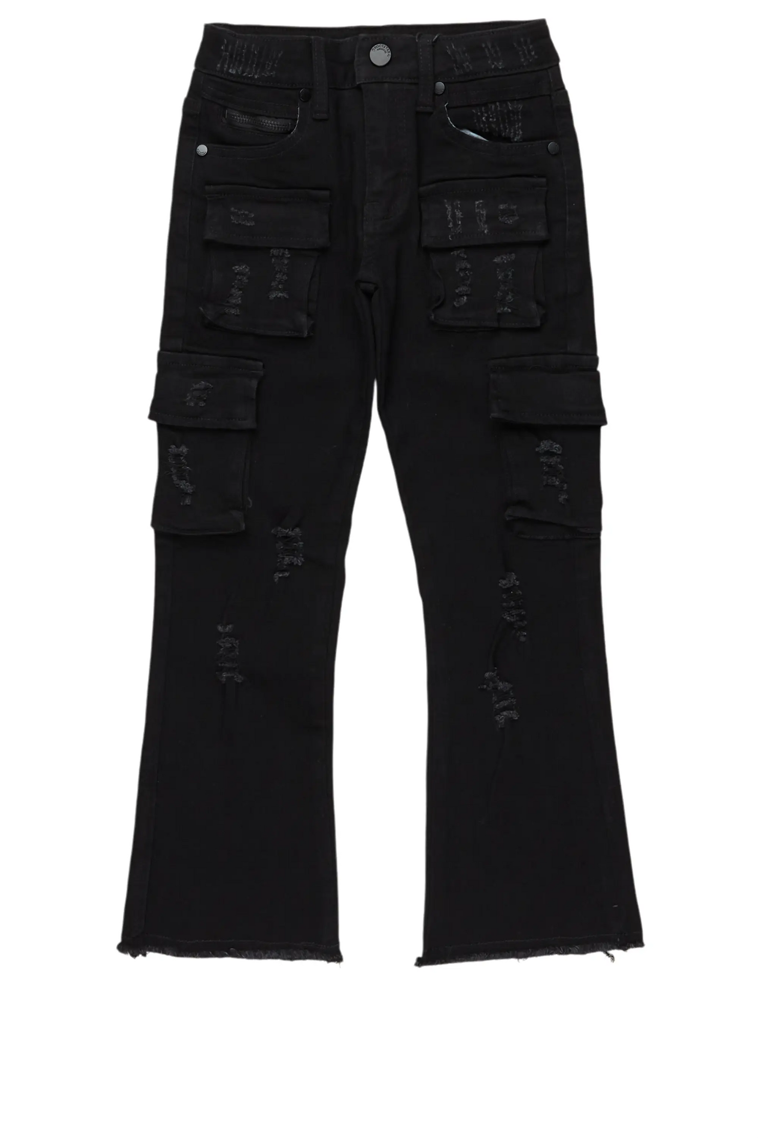 Boys Sterling Black Fringe Stacked Flared Cargo Jean