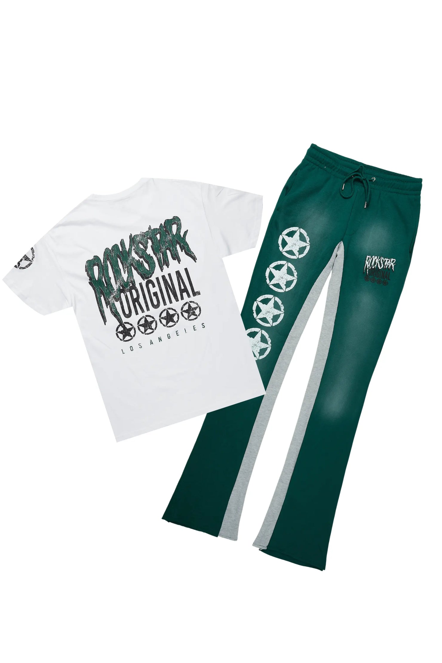 Wizzurd White/Green T-Shirt/Stacked Baggy Track Pant Set