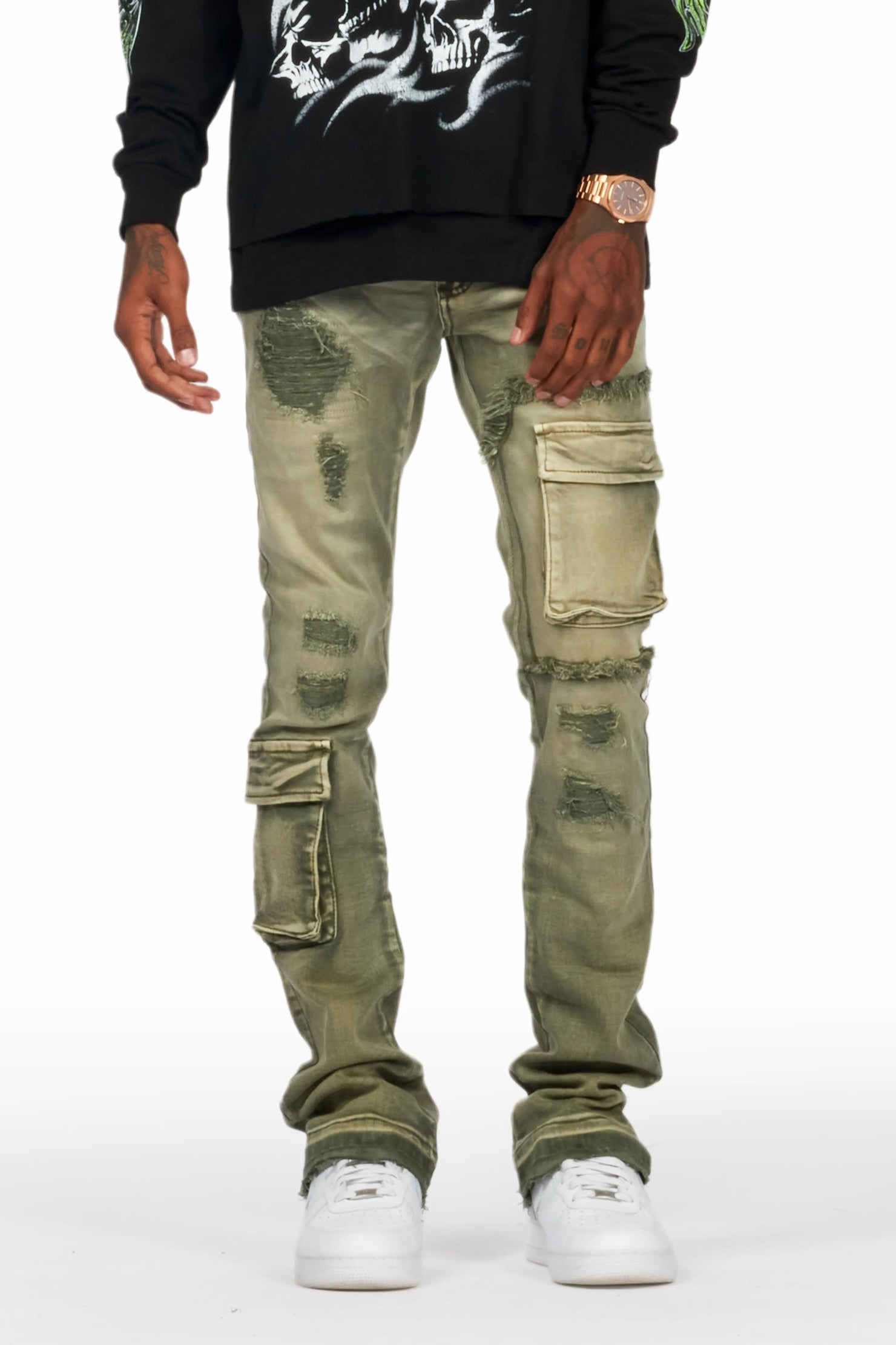 Zaxton Green Stacked Flare Jean