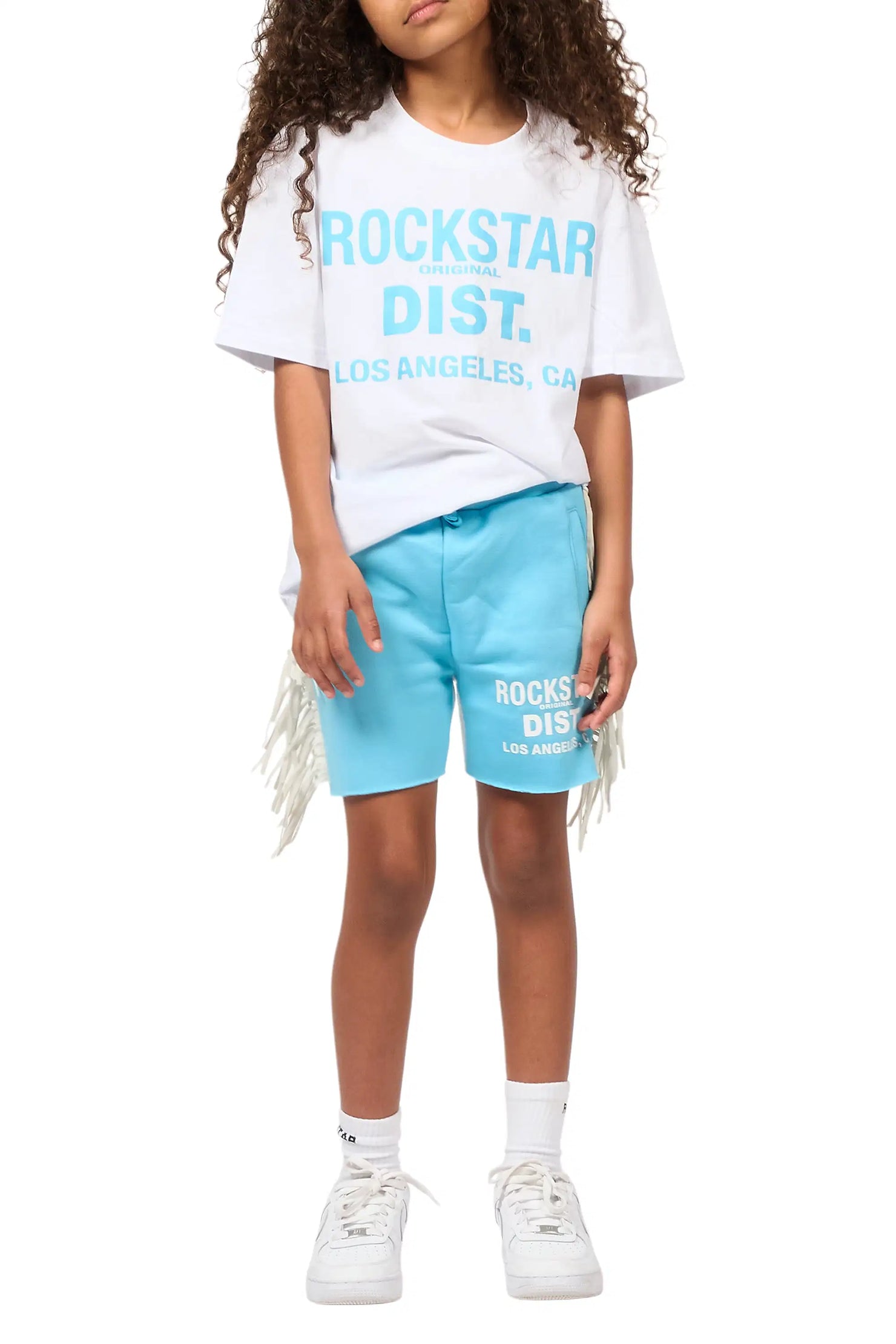 Girls Kendra White/Light Blue Graphic T-Shirt/Fringe Short Set