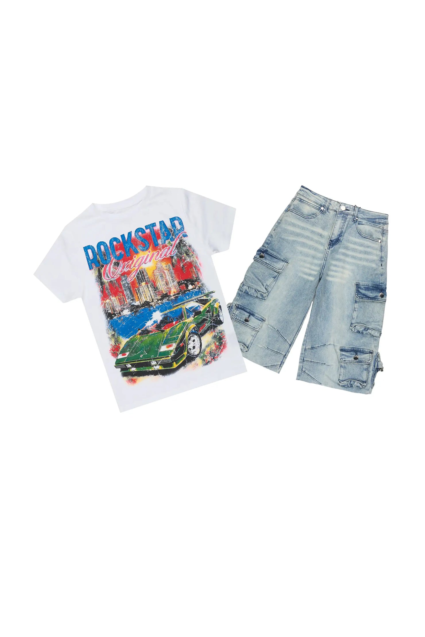 Boys Jhacor White/Blue T-Shirt/Denim Jort Set