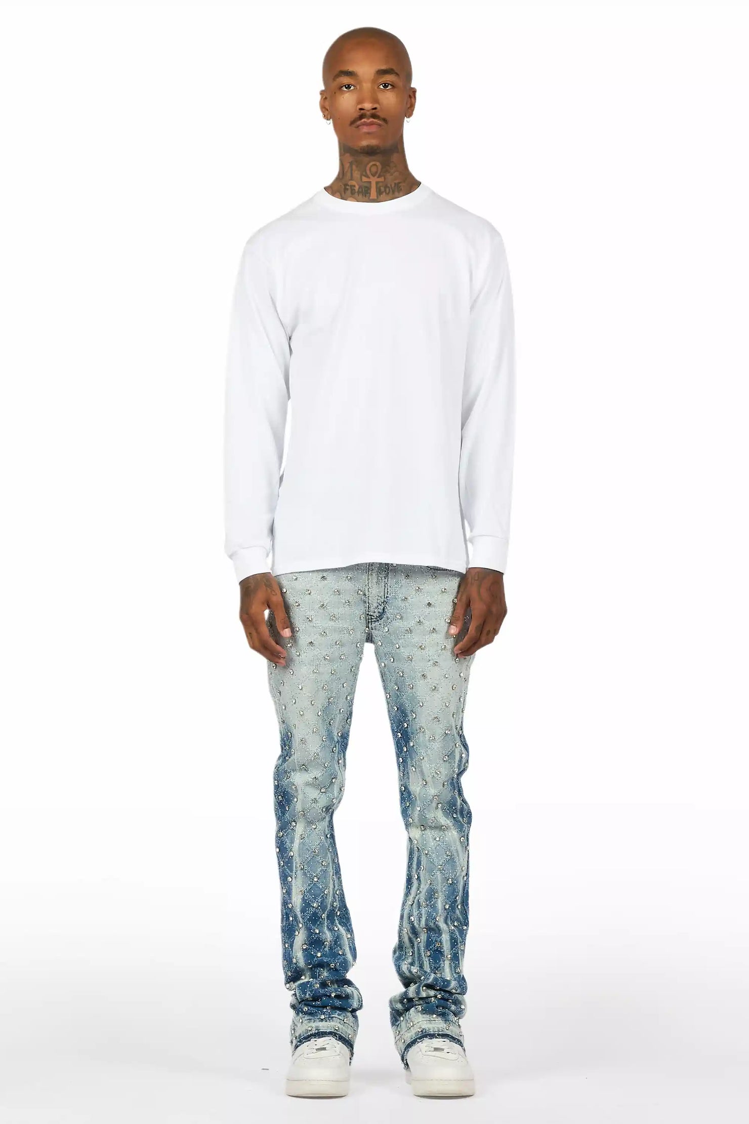 Glit Blue Rhinestone Stacked Flare Jean