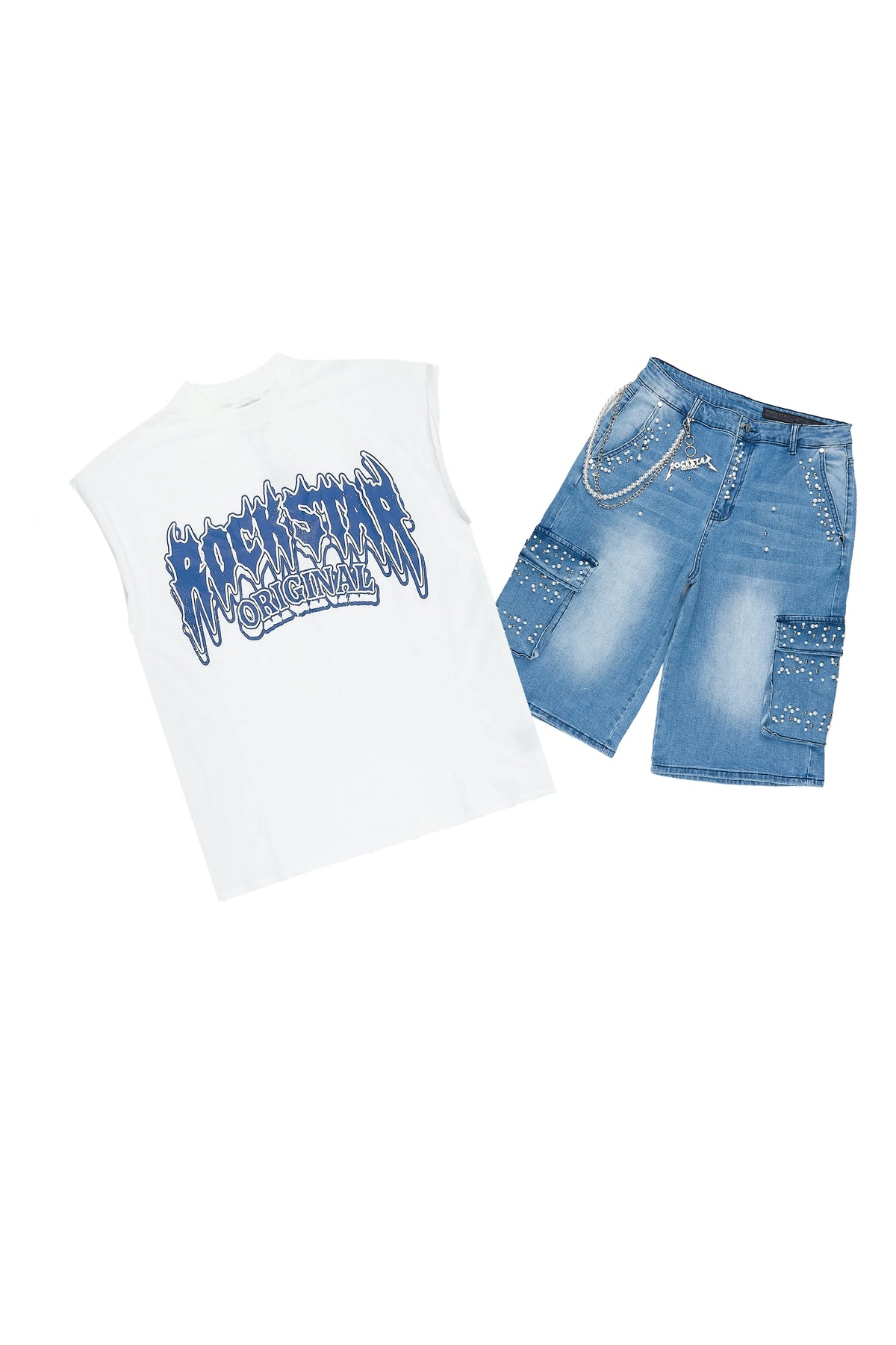 Teo Blue Rhinestone Cut Sleeve T-Shirt Denim Jort Set