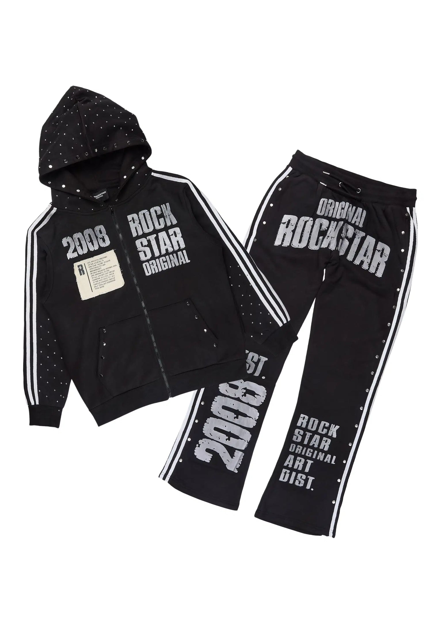 Gusti Black Rhinestone Stacked Flare Hoodie Track Set
