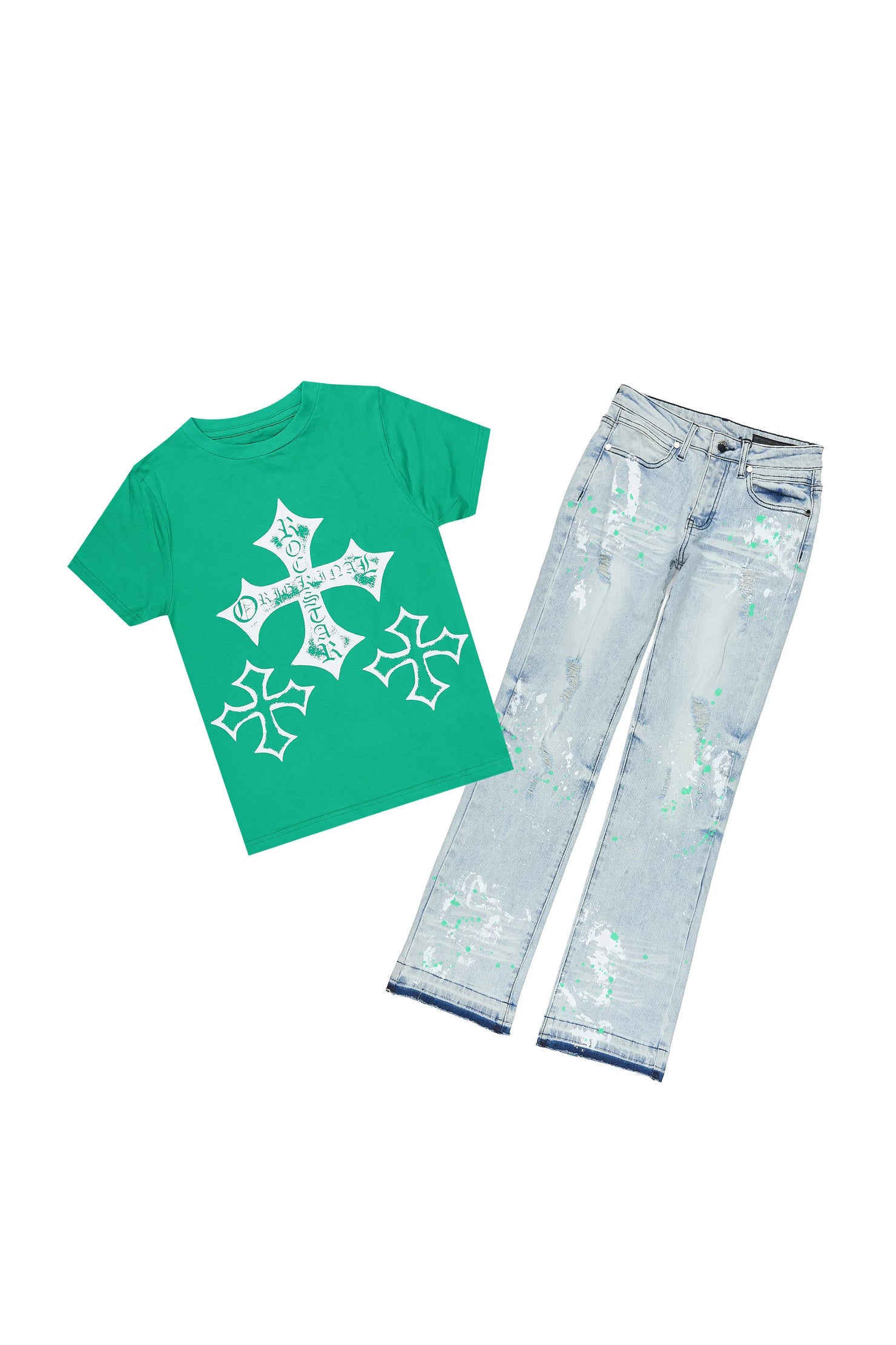 Boys Marizon Green/Blue T-Shirt Stacked Jean Set