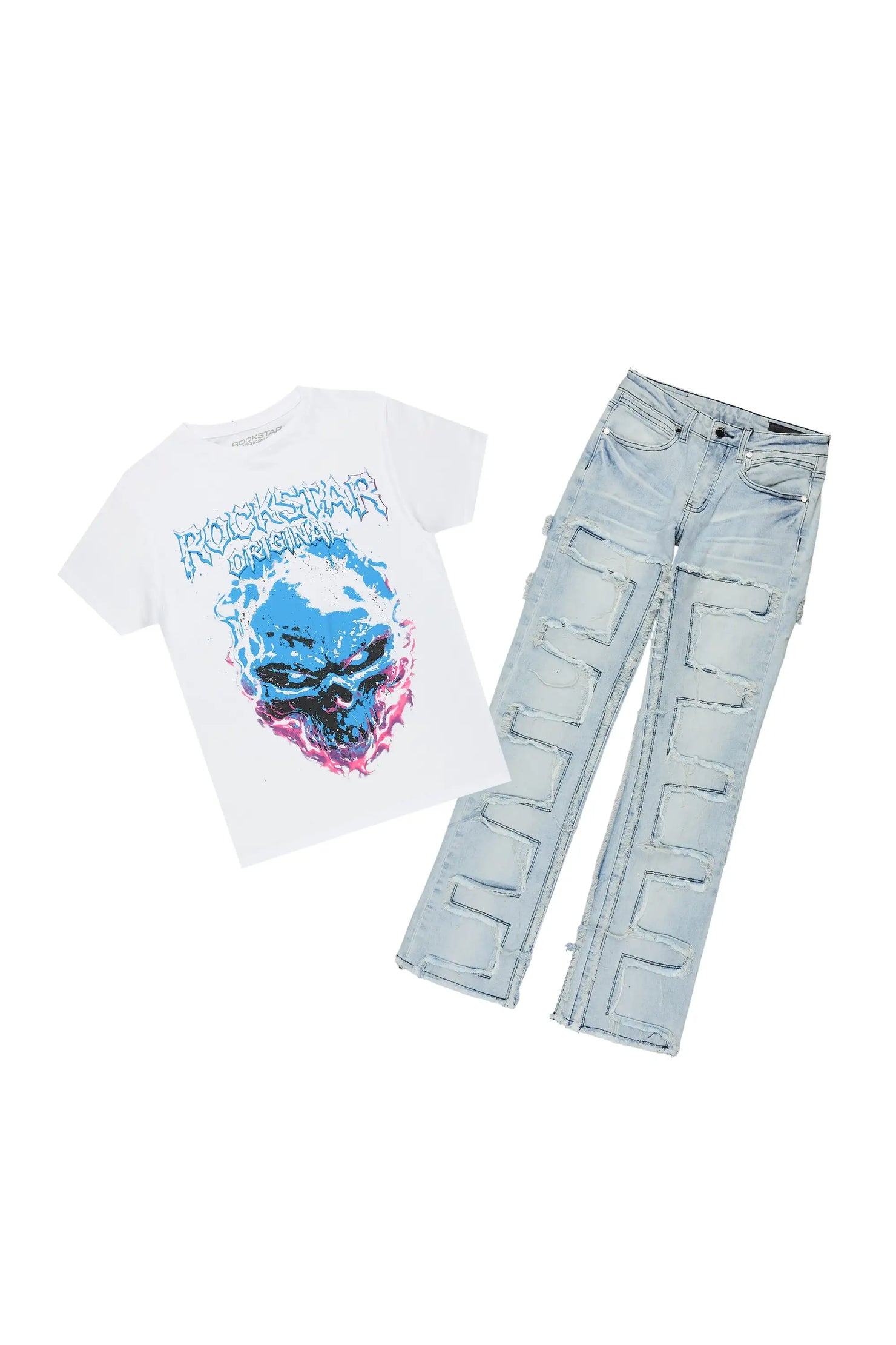 Boys Pixel White/Blue T-Shirt Stacked Jean Set